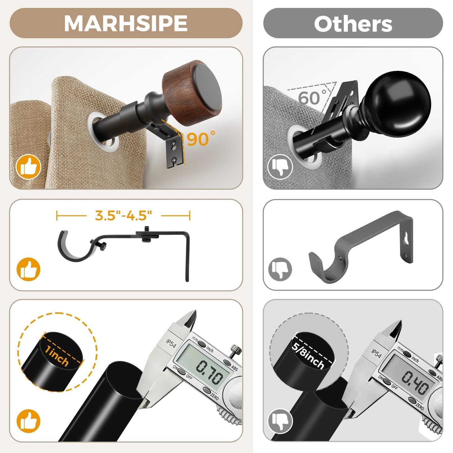 MARHSIPE Wood Curtain Rods for Windows 48 to 84 Inch, 1” Diameter Drapery Rod with Imitation Wood Grain Finials, Adjustable Heavy Duty Curtain Rod Set, Indoor/Outdoor Modern Curtains Rods
