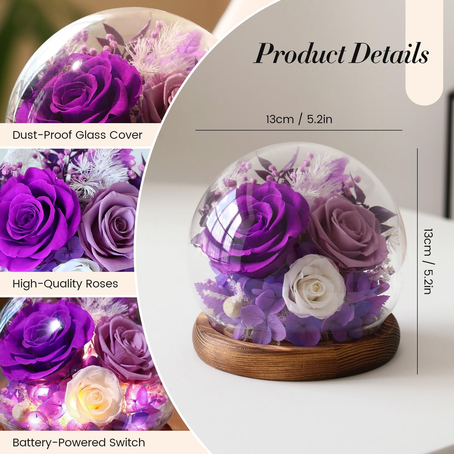 Mothers Day Flowers Gifts for Mom,Forever Preserved Roses in Glass Dome,Mothers Day Roses Gifts for Wife Mom Women Grandma from Daughter,Fresh Flowers for Delivery/Purple