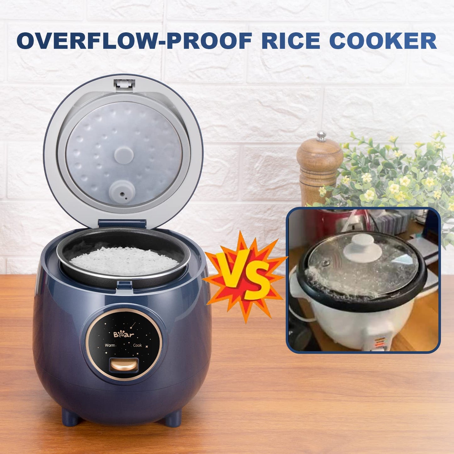 Bear Mini Rice Cooker 2 Cups Uncooked, 1.2L Portable Non-Stick Small Travel Rice Cooker, BPA Free, One Button to Cook and Keep Warm Function, Blue