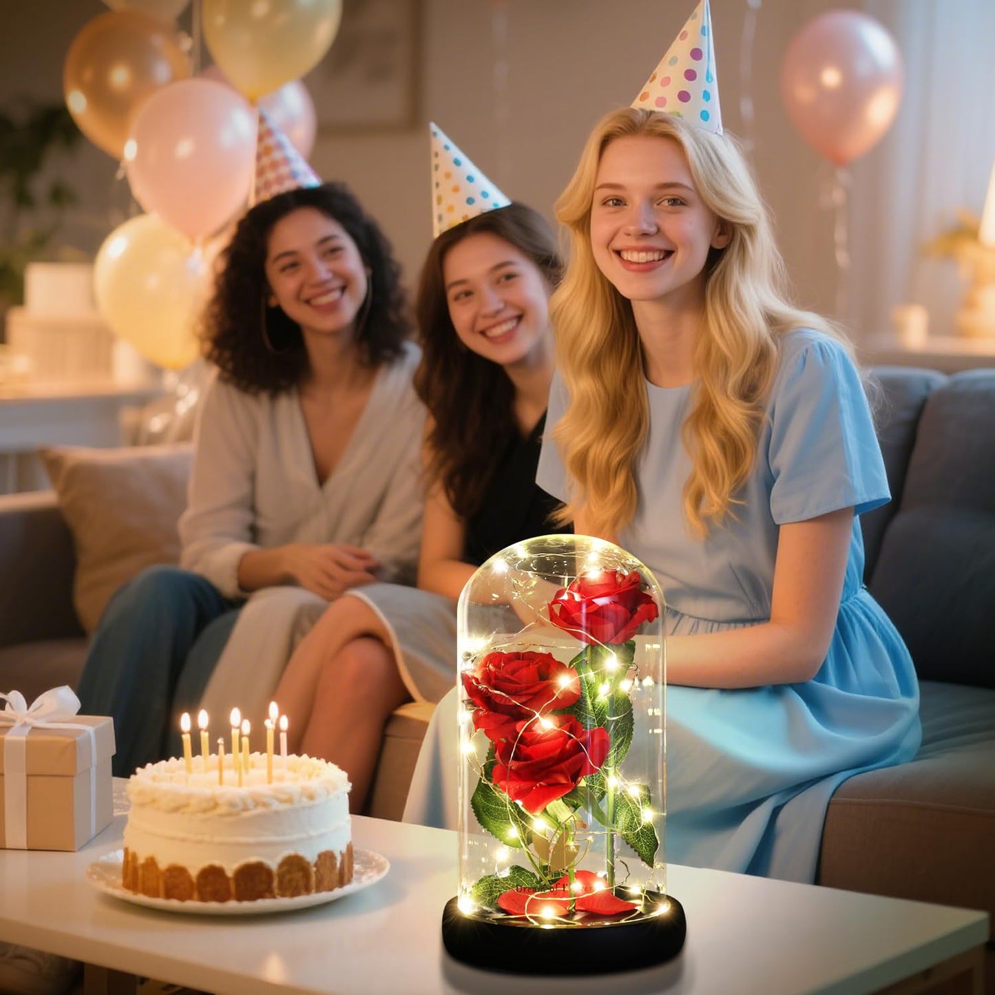Women Gift Idea Birthday,Unique Gifts for Mom,Beauty and The Beast Rose in Glass Dome With 2 Lights Mode, Birthday Gifts for girlfriend,Wife，Anniversary Red Silk Rose Flower Gifts for Women