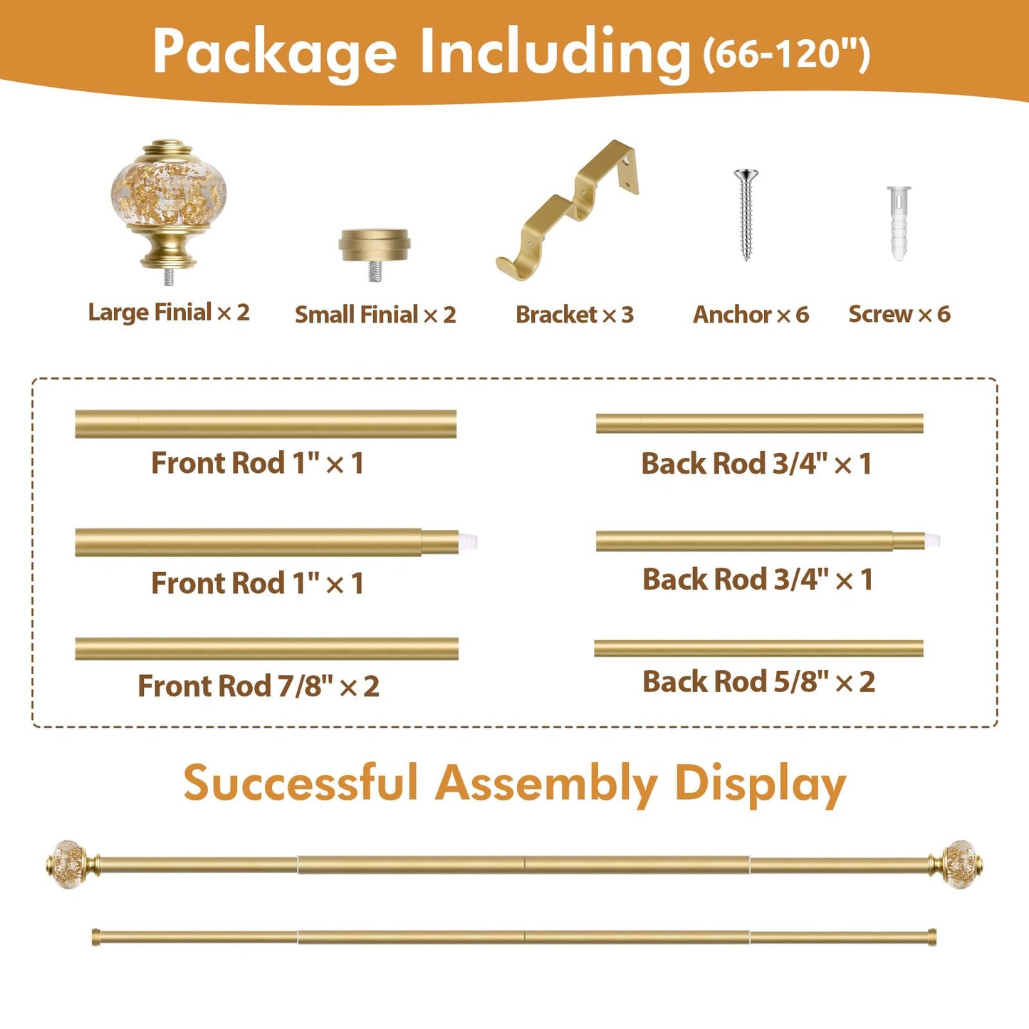 1 Inch Luxury Gold Double Curtain Rods for Windows 66 to 120 Inches(5.5-10ft), USFOOK Adjustable Heavy Duty Drapery Rods, Telescoping Dual Curtain Rod with Translucent Finials, Wall Mounted