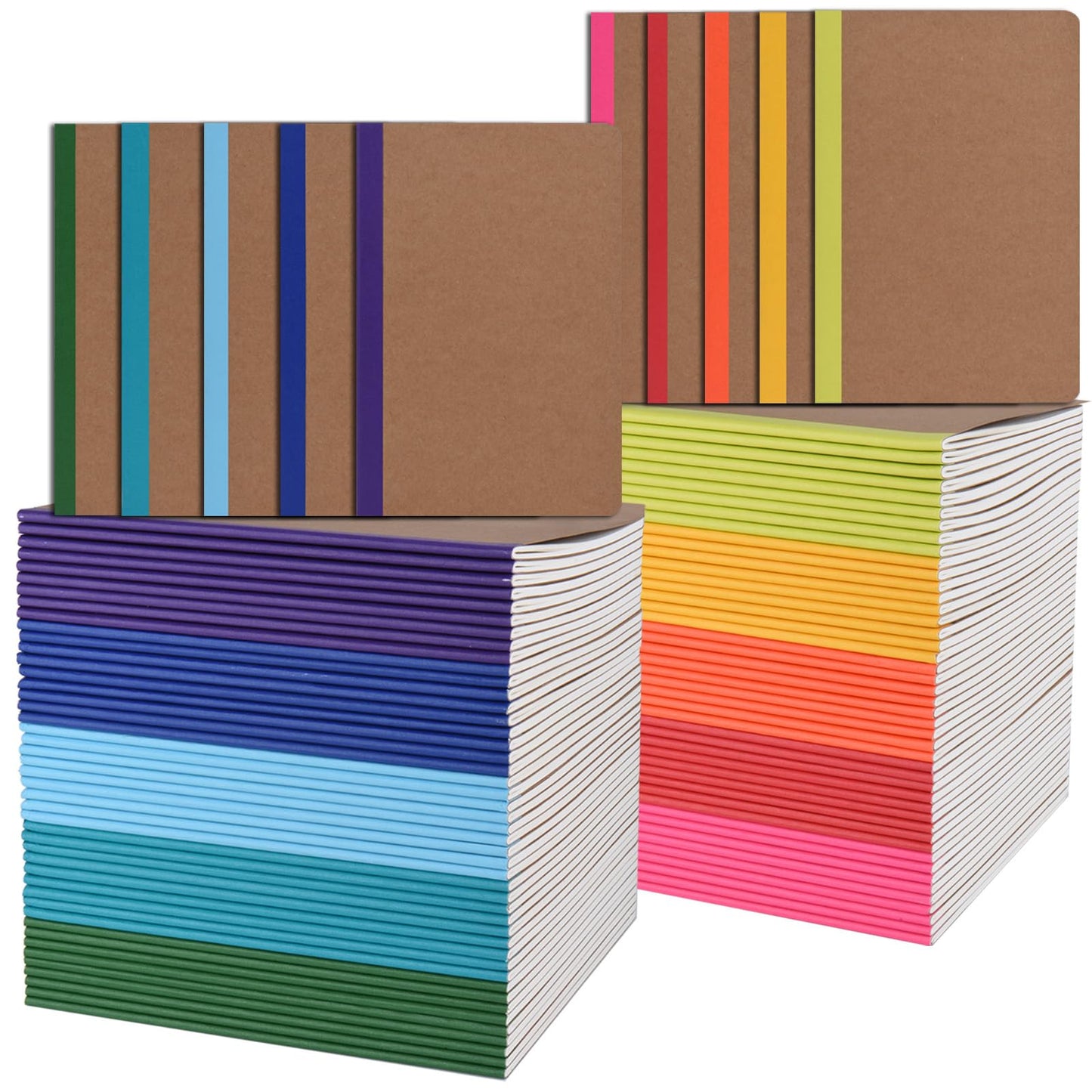 ZCZN 100 Pack Composition Notebooks Bulk, A5 Kraft Cover Lined Journals with Rainbow Spines for School, Business, Work and Daliy Use (100, 10 colors)