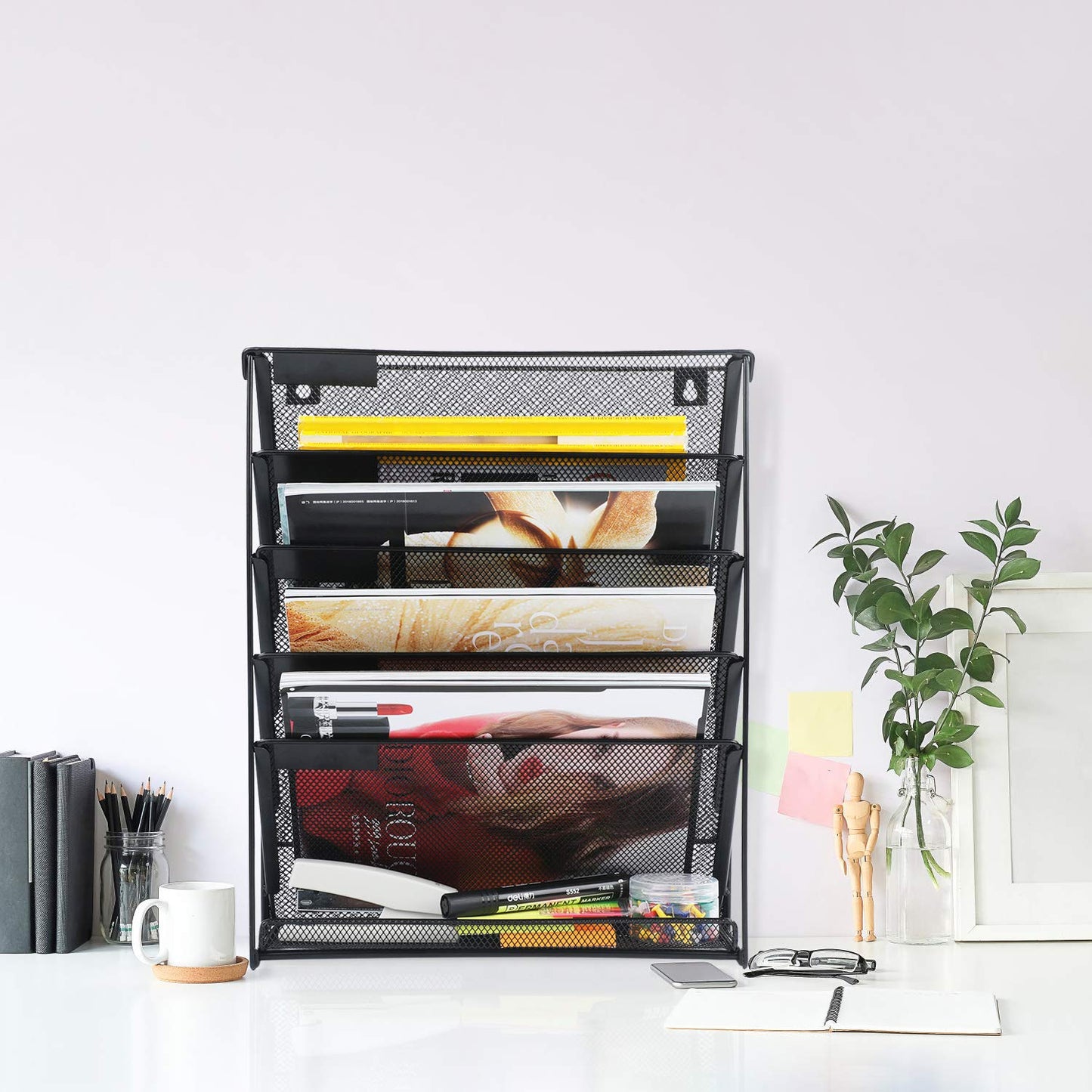 samstar 2 Pack Wall File Organizer, 6-Tier Wall Mount Paper Holder Vertical File Rack for Office Home, Black.