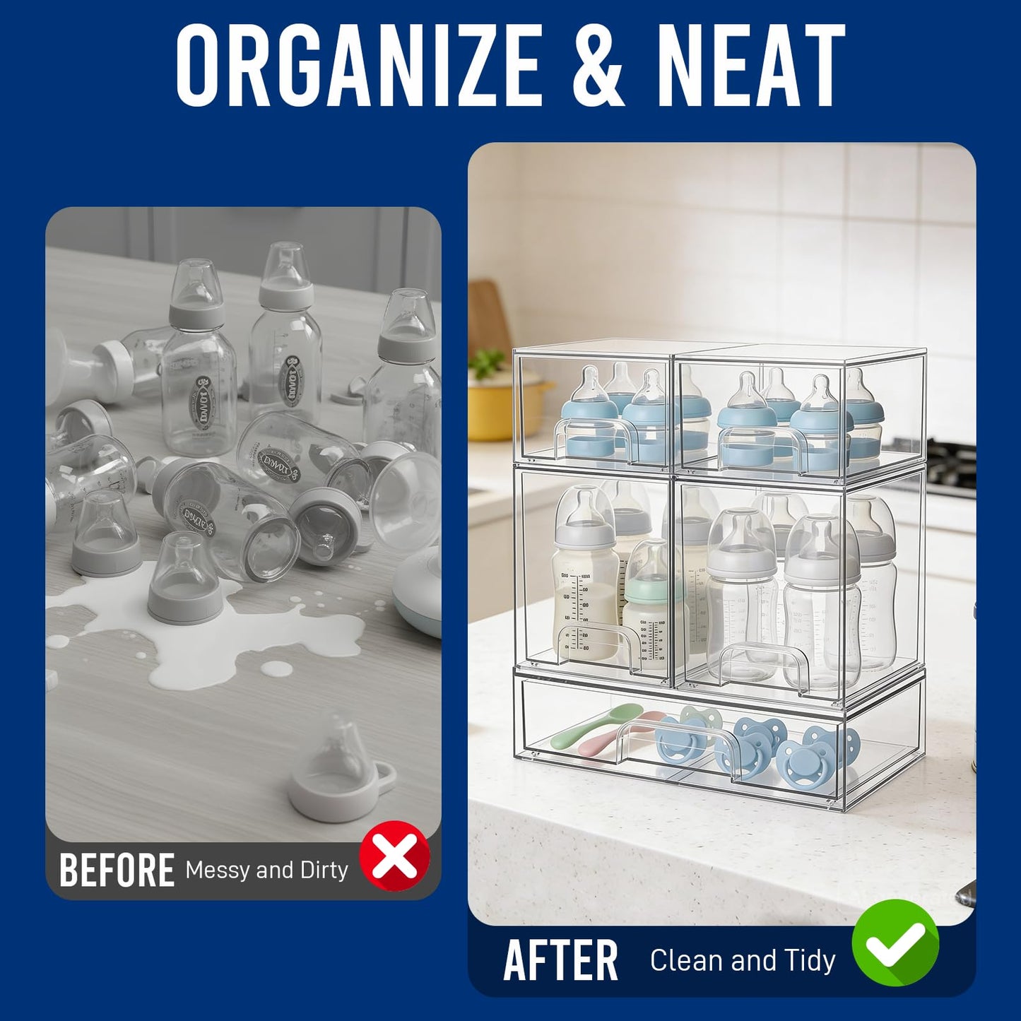 Baby Bottle Organizer Stackable, Acrylic Storage Drawers 5 pack with Non-Slip Pads, Pull-Out Drawers for Baby Bottle, Pump Parts, Pantry, Vanity Countertop (4.4" and 7.6" Tall and 12.1" Wide)
