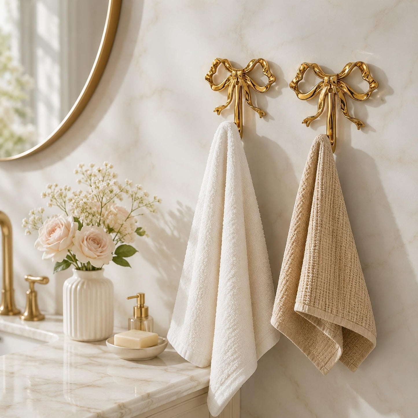 LOGOFUN 2pcs Gold Bow Wall Hooks Brass Bow Hooks for Hanging Coat Hat Towel Key Decorative Brass Bowknot Wall Mount Hooks for Bathroom Bedroom Living Room Large (3.62X3.54X0.79in / 9.20X9.00X2.00cm)