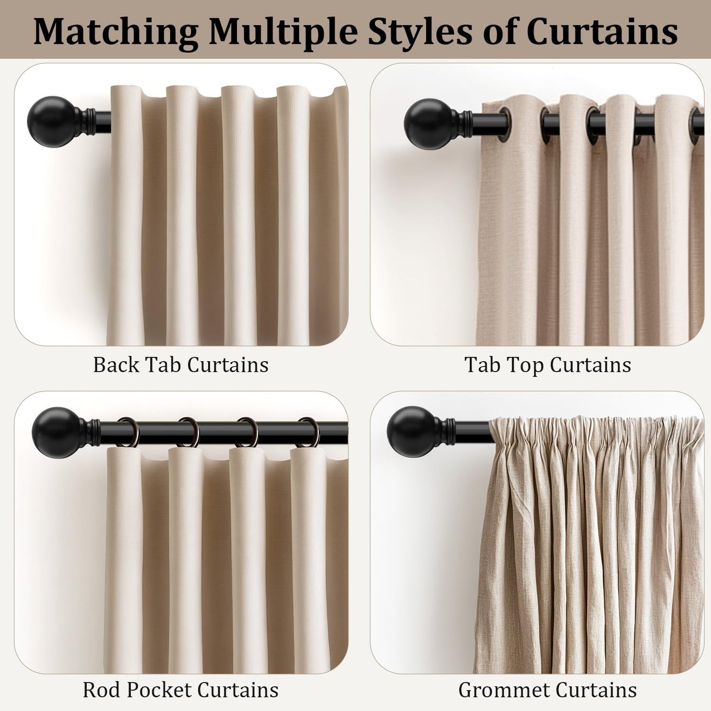 Black Curtain Rods for Windows 72 to 144 Inch 1" Diameter Heavy Duty Metal Adjustable Extra Long Blackout Traverse Window Treatment Rods with Decorative Finials Doorway Living Room Bedroom Kitchen