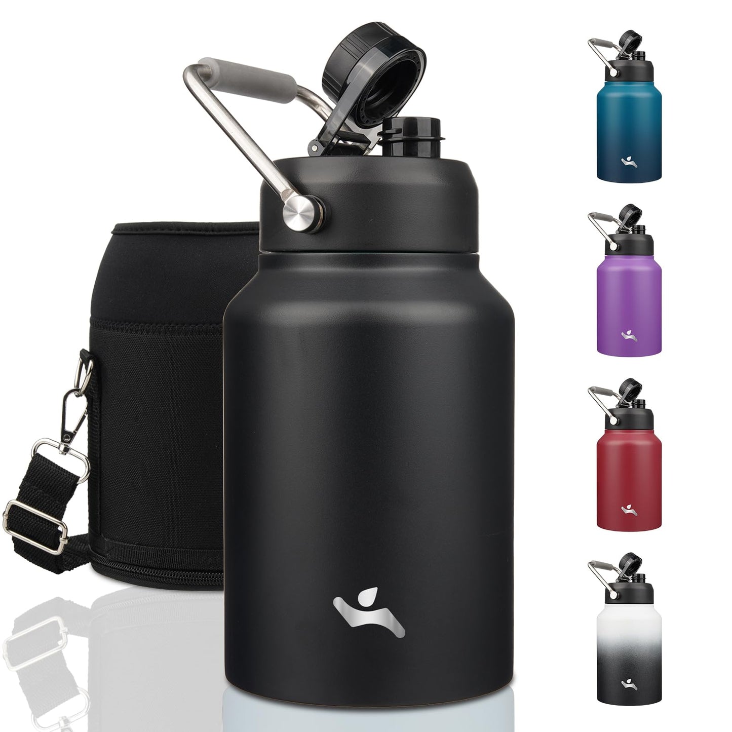 Konokyo Half Gallon Jug with Handle,64 oz Insulated Water Bottle with Carrying Pouch,Double Wall Vacuum Stainless Steel Metal Bottle,Black