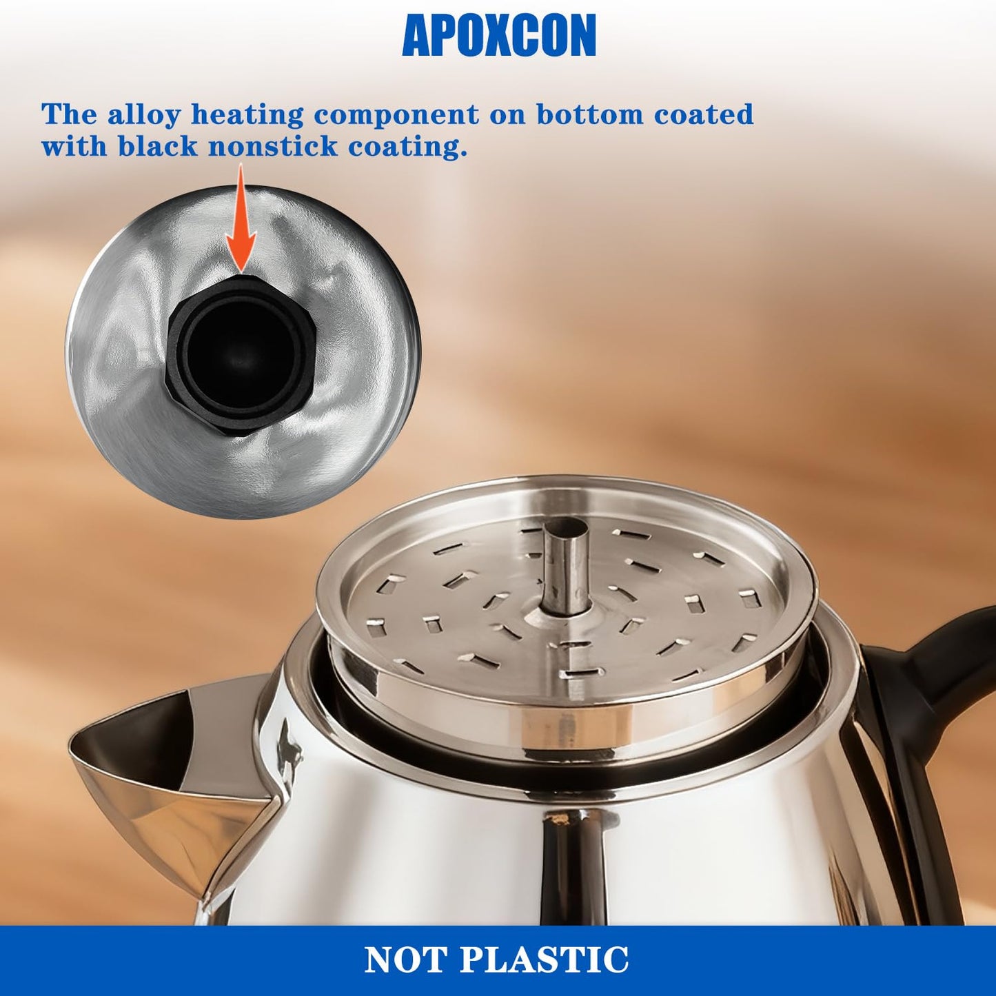 APOXCON Electric Coffee Percolator Stainless Steel Coffee Maker with Clear Brew Progress Knob & Cleaning Brush Auto Keep Warm Cordless Serving elegant design Coffee pot with On/OFF Switch (10 Cup)