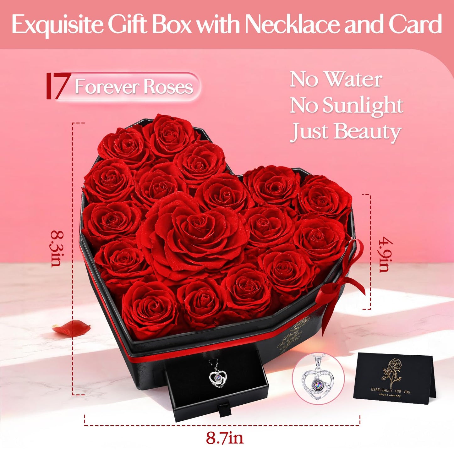 MARTINE MALL 17 Forever Flowers for Delivery, Mothers Day Birthday Gifts for Women Mom Glitter Preserved Real Roses in a Box Gifts for Girlfriend Wife Lasting Eternal Flowers with Necklace, Red