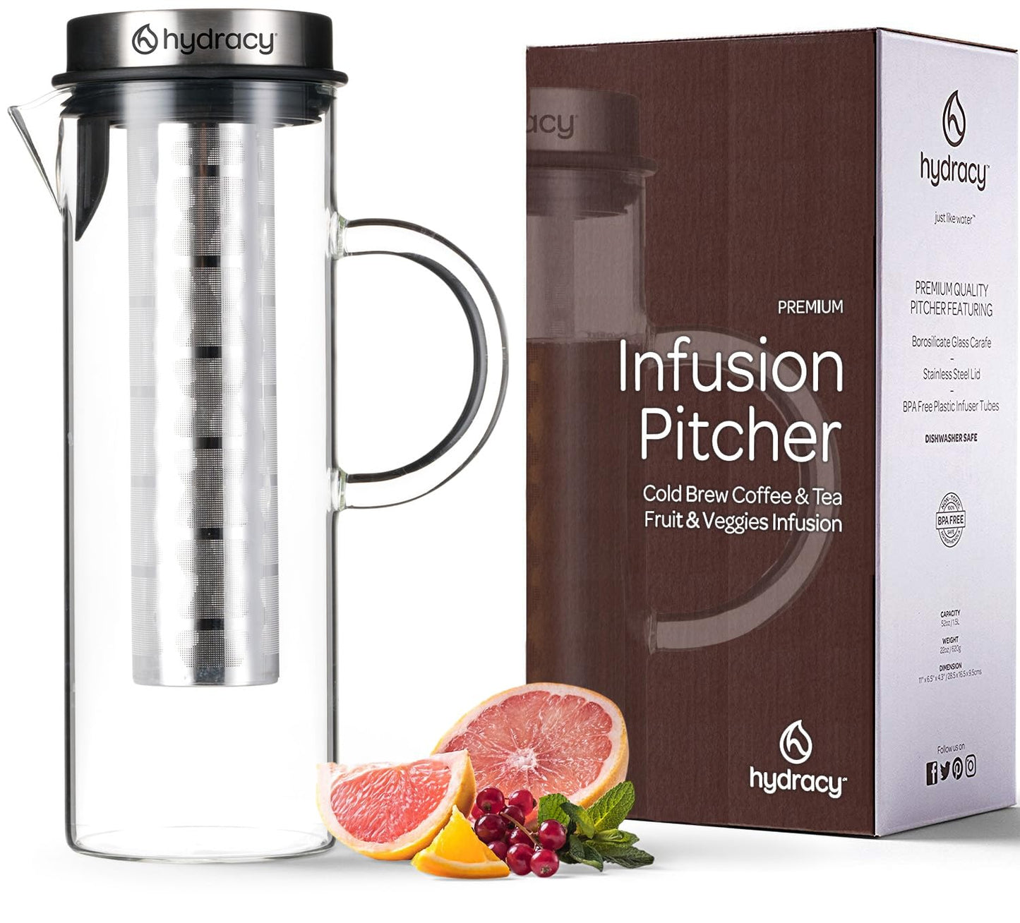 Cold Brew Coffee Maker - Large Glass Infusion Pitcher 1.6 Quarts 52oz - Iced Coffee & Iced Tea Pitcher with Stainless Steel Lid & Fruit Infusion Tube - Perfect for Home or Office