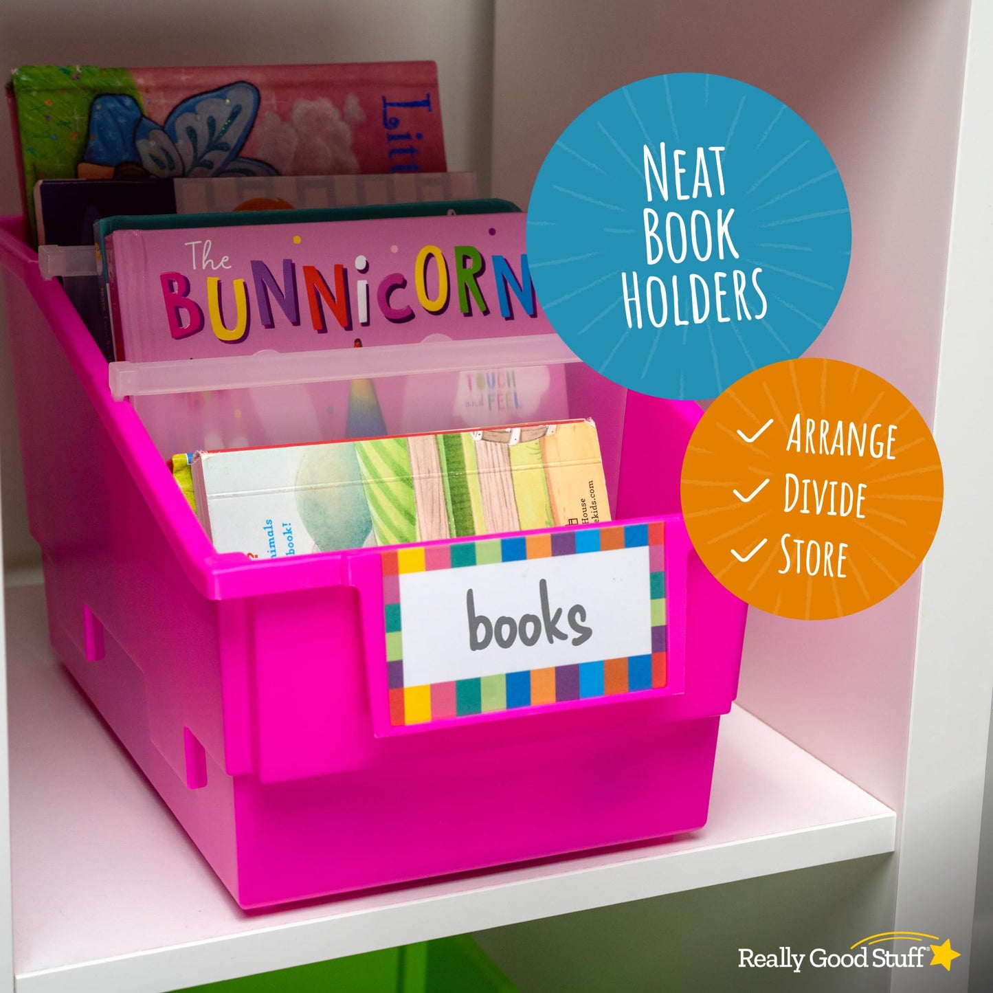 Really Good Stuff Chapter Book Library Bins with Dividers, 8¾" x 13½" x 7¾" - 4 Pack, Neon | Plastic Shelf Bin Organizer for Classroom Library, Book Organization, Documents, Files, Magazines