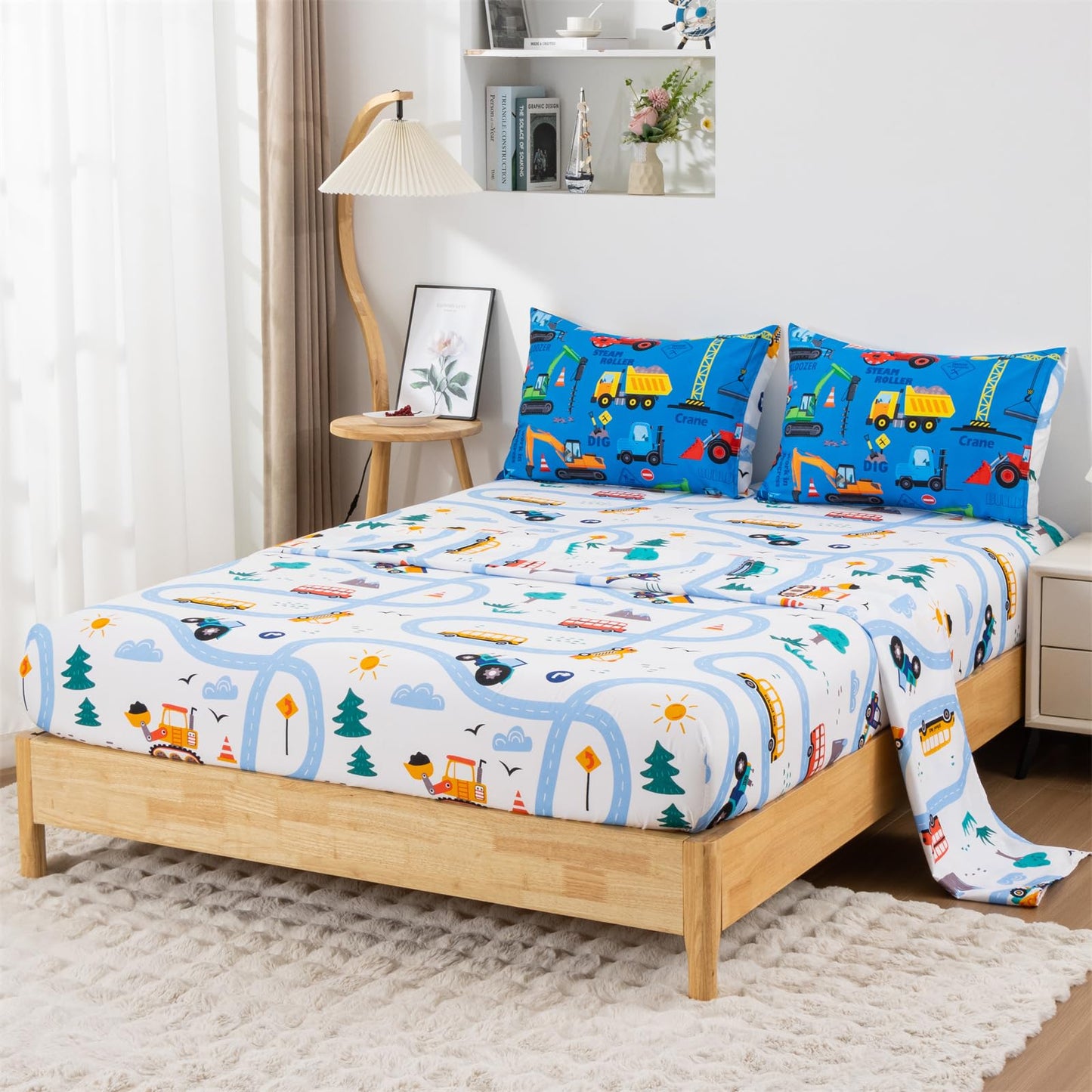 Holawakaka Trucks Excavator Cars Boy Bedding Comforter Set with Sheets, Twin Size Cartoon Construction Car Tractors Print Kids Bed in A Bag 5-Piece, Boys Reversible Dorm Bed Sets (Blue Twin)