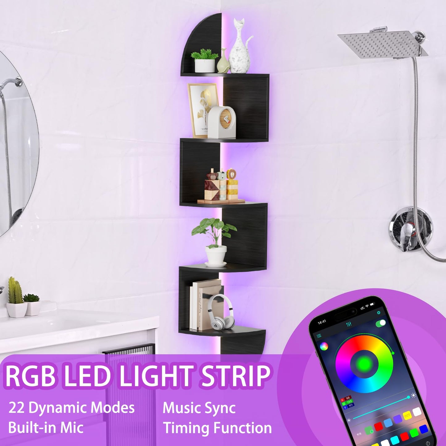 Waipfaru Corner Shelf, 5 Tier Bookshelf with LED Light, Corner Shelf Wall Mounted, Floating Shelves for Wall, Display Stand for Bedroom, Living Room, Bathroom, Home, Office, Black