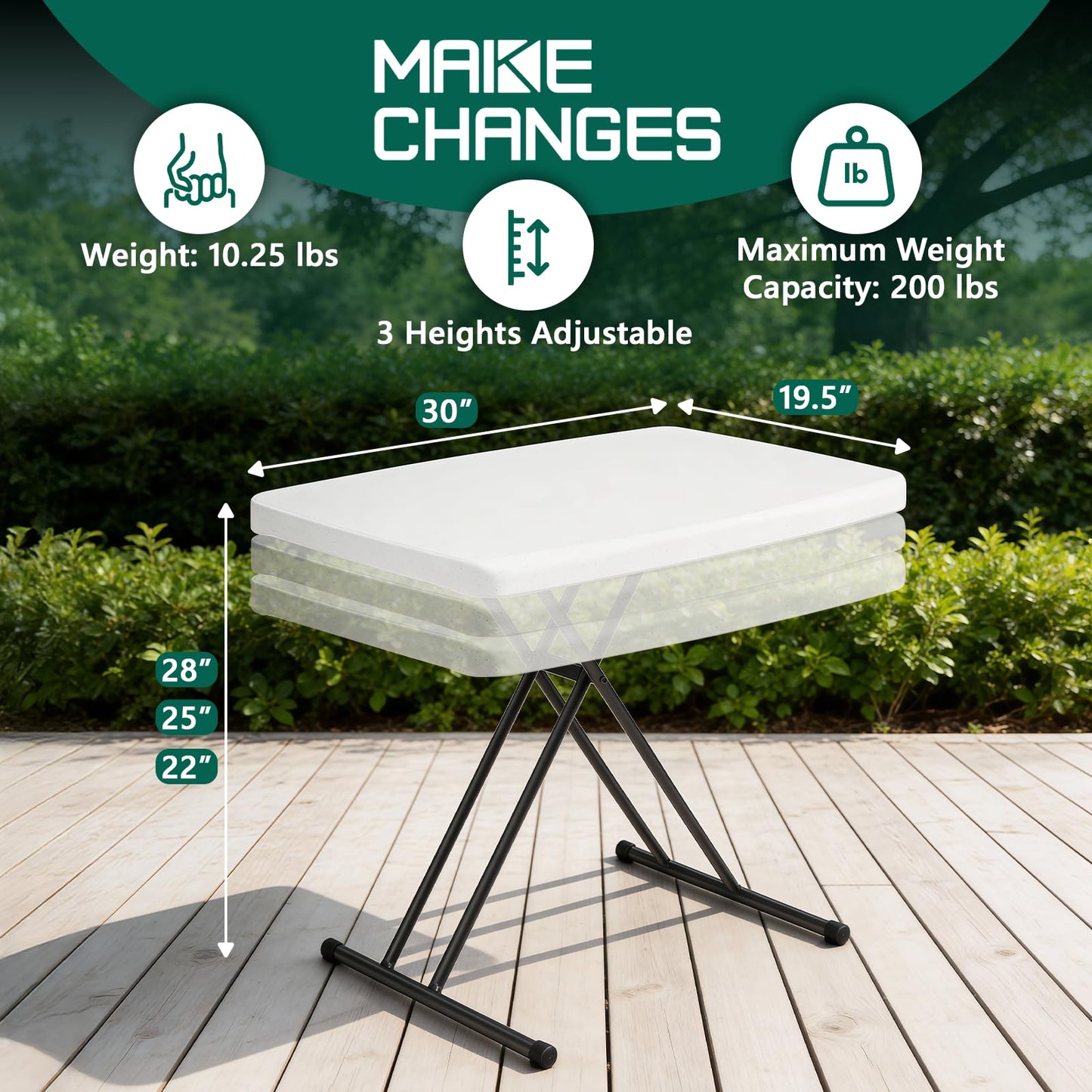 MAKE CHANGES Folding Table 30 Inch - Small Desk Adjustable Height TV Tray for Laptop, Couch, Camping - Heavy Duty Utility Foldable Table for Small Spaces, No Assembly Required,Plastic White Granite