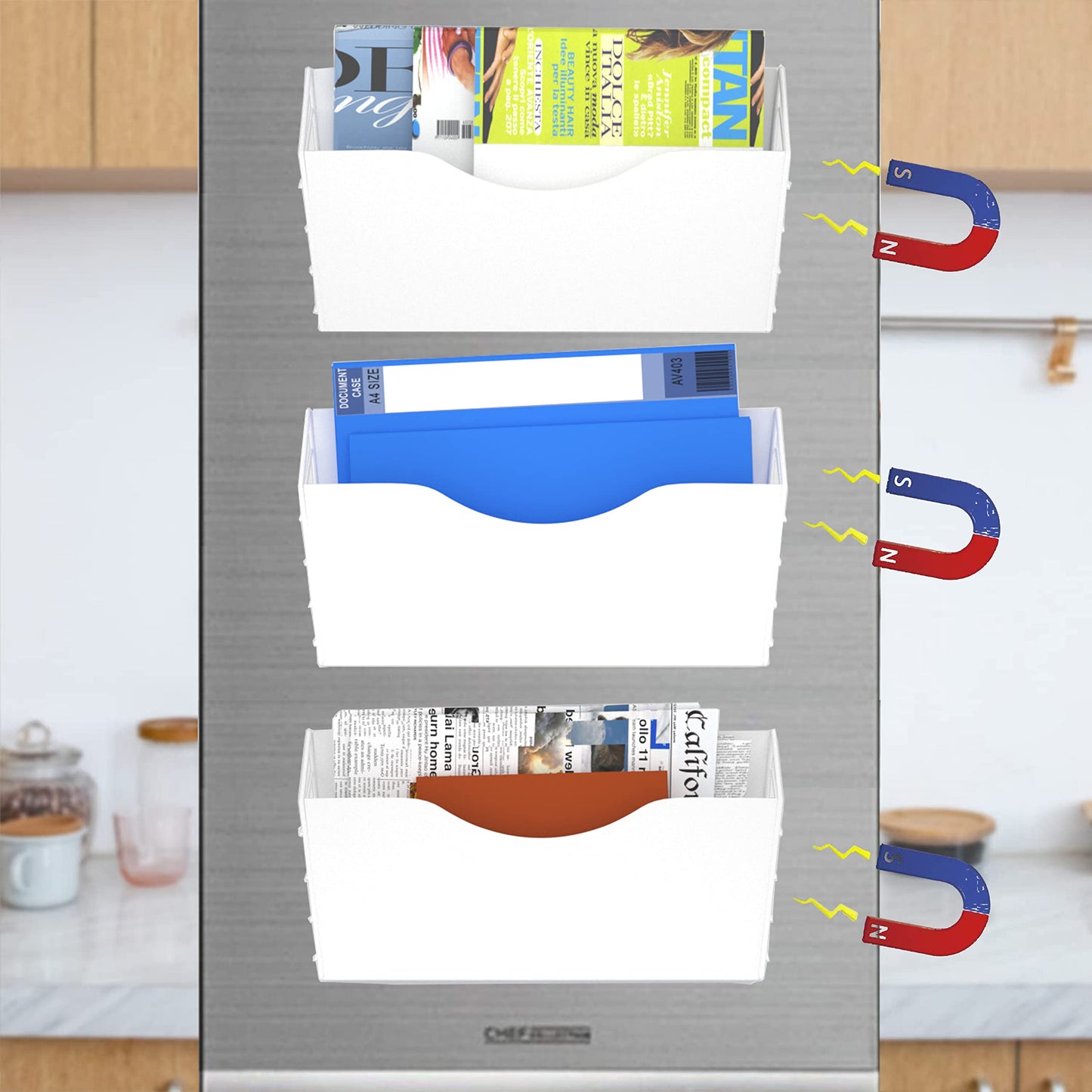 BSJYMJIAJU 3 Pockets Magnetic File Holder for File Cabinets, Refrigerator, Whiteboard, Paper Organizer, Mail or Folder Holder,Magazine Rack,Wall Mount Hanging Mail Organizer (white)