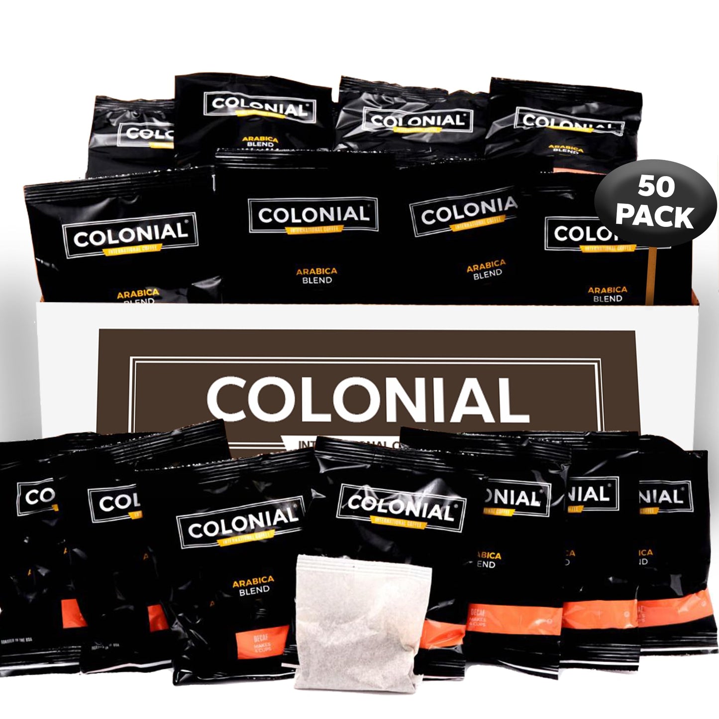 Colonial In-Room Decaf Ground Coffee Filter Packs for Hotel Rooms, Decaffeinated Dark Roast, 0.50 Ounce (Pack of 50), Use with 4-Cup Drip Coffee Machine