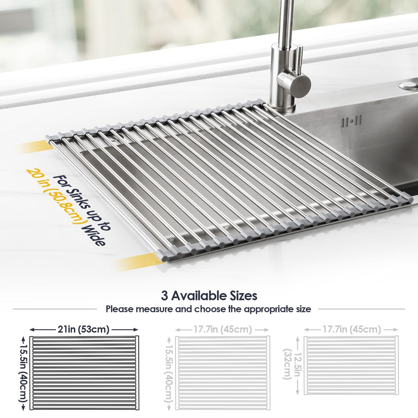 Tomorotec 21" x 15.5" Roll Up Dish Drying Rack Over Sink Drying Rack Sink Cover Kitchen Sink Accessories Gadget Multipurpose Organizer Foldable Stainless Steel Drainer