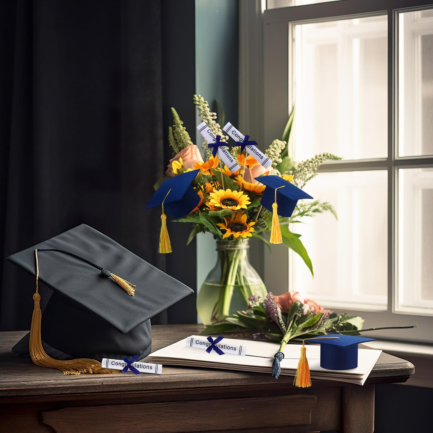 Breling 12 Pcs Blue and Gold Graduation Centerpiece Sticks Felt Graduation Scroll Diploma and Grad Cap with Tassel Decor 2026 Table Toppers Centerpiece Party Supplies for Grad Party Decorations