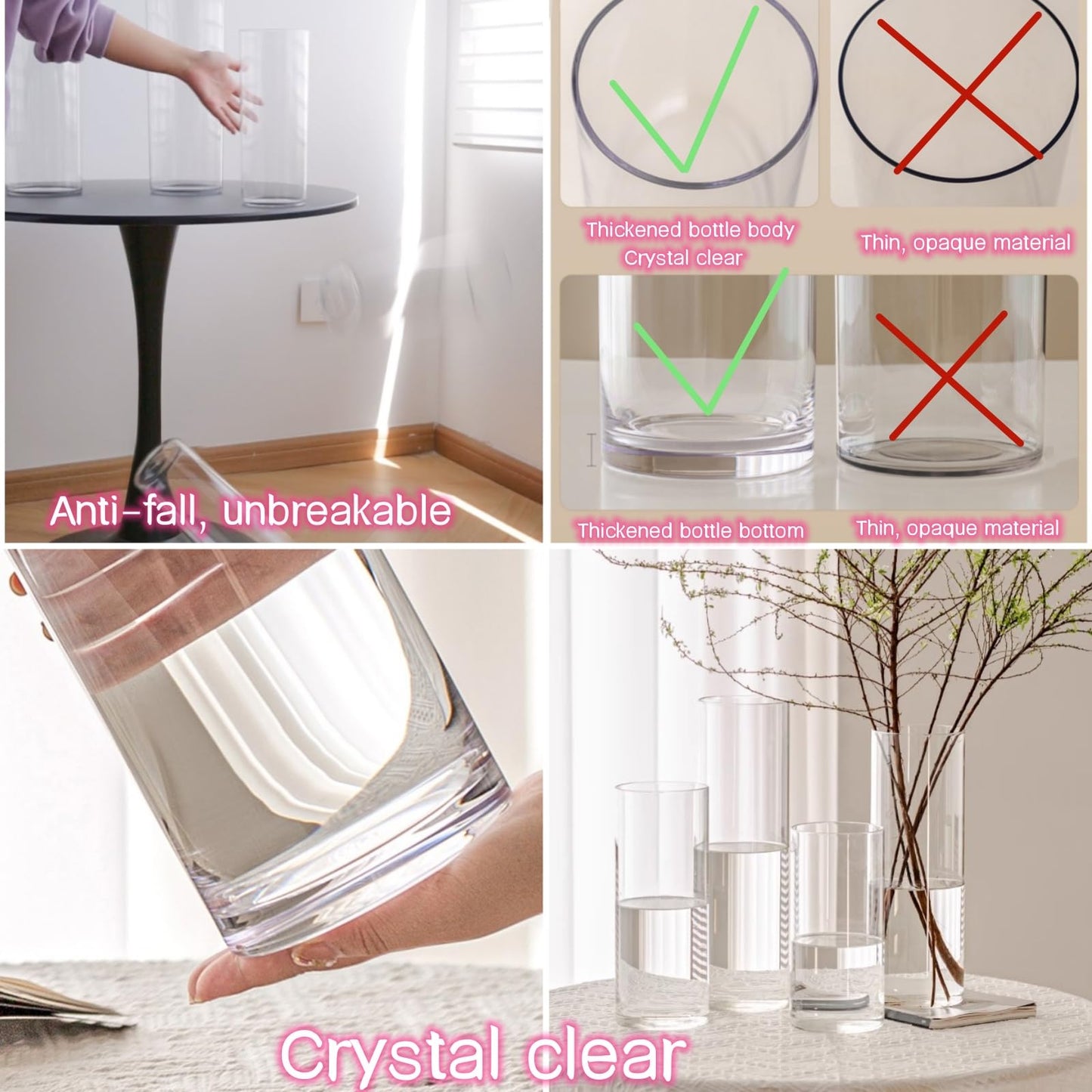 Liotww Extra Large Acrylic Cylinder Clear Vase for Floor, 20 in Tall Big Wide Mouth Plastic Unbreakable Hurricane Flower Vases of 3 for Home Decor (D 8", D 6", D 4.8" + 2 Holder)