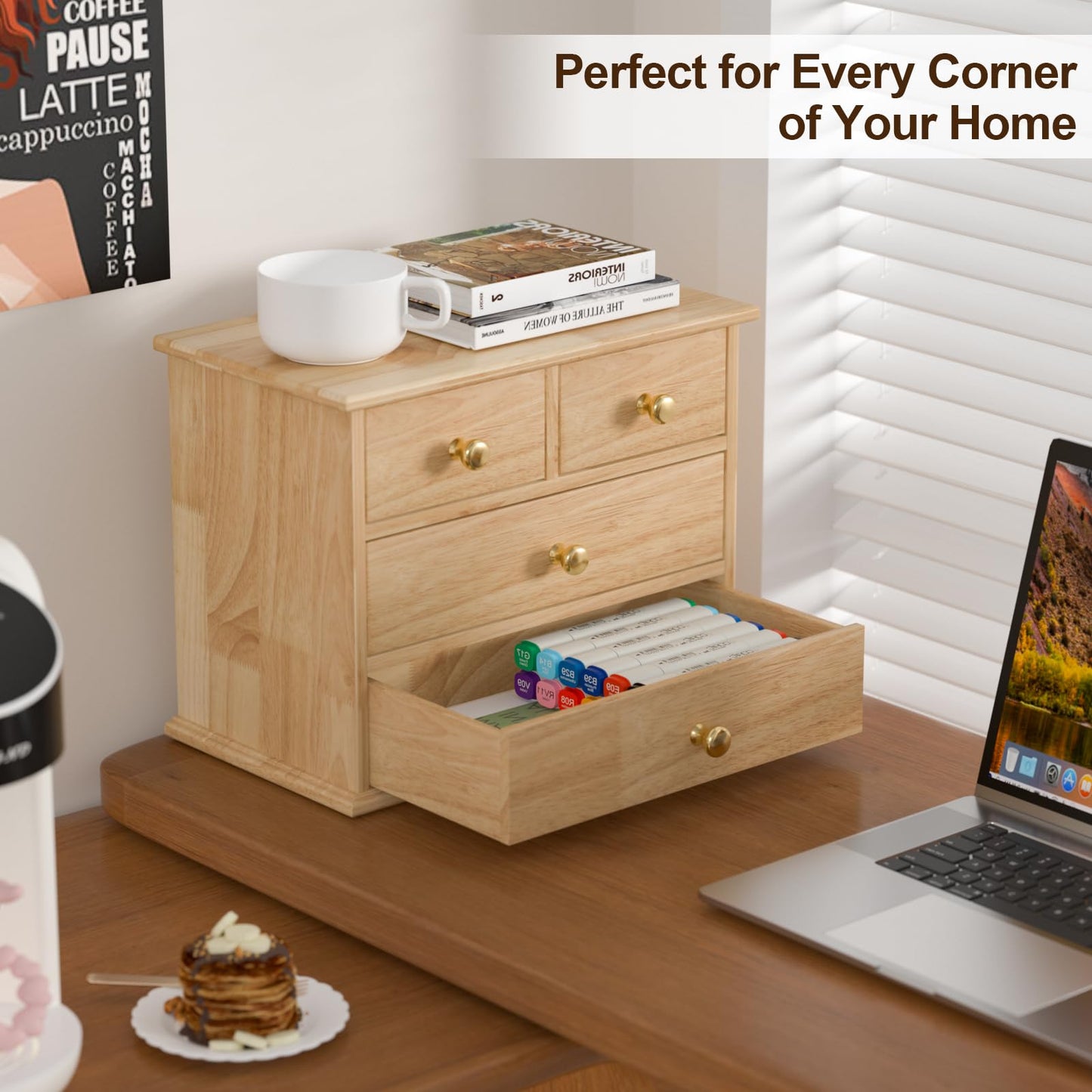 Oak Desk Organizer with Drawers, Durable Wooden Desktop Storage Box with Metal Handles & Non-Slip Silicone Pads, 4 Drawer Tabletop Organizer for Office, Bedroom, Bathroom, Vanity, Makeup – Natural Oak