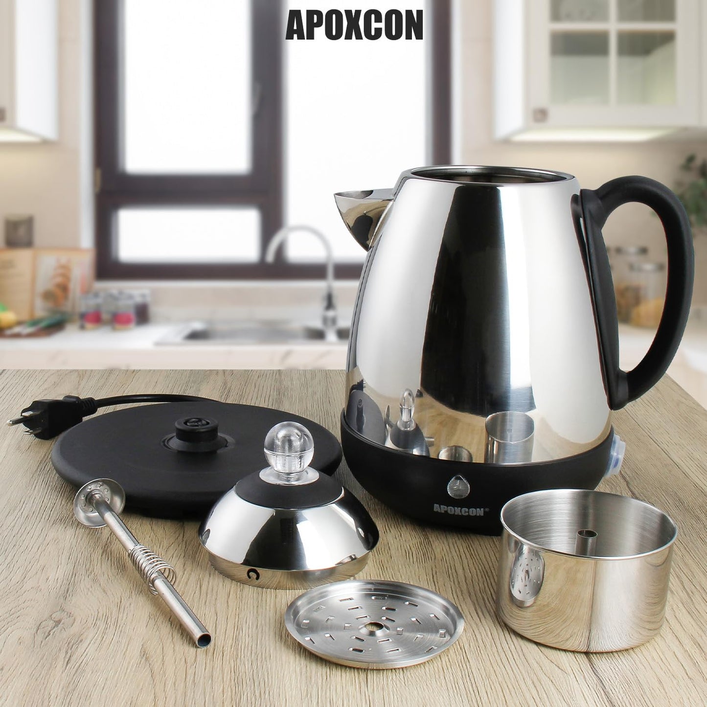 APOXCON Electric Coffee Percolator, Stainless Steel, with Clear Brew Progress Knob, No-Drip Spout, Auto Keep Warm, Cordless Serving, 10 Cup, Silver