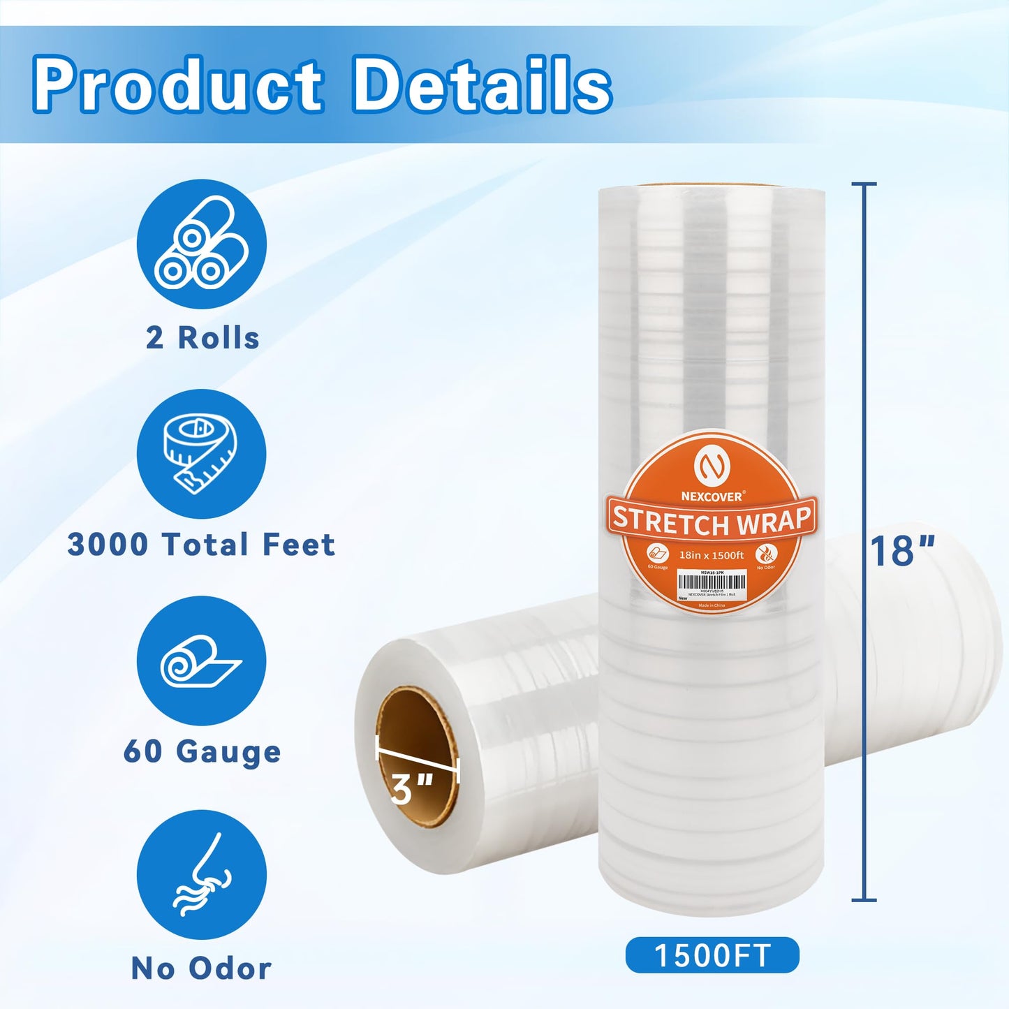 NEXCOVER 18 Inch Stretch Wrap - 1500 Feet | 60 Gauge, 2 Roll Clear Plastic Self-adhering Stretch Wrap Film for Pallet Wrap, Thick and Durable Packing Moving Supplies Heavy Duty Shrink Film.