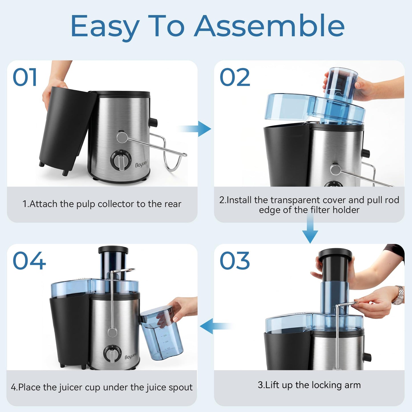 Boyuevi Juicer Machine, 800WCentrifugal Juicer for Whole Fruits and Vegetables,3 Inch Wide Feed Chute, Easy to Clean, Silver