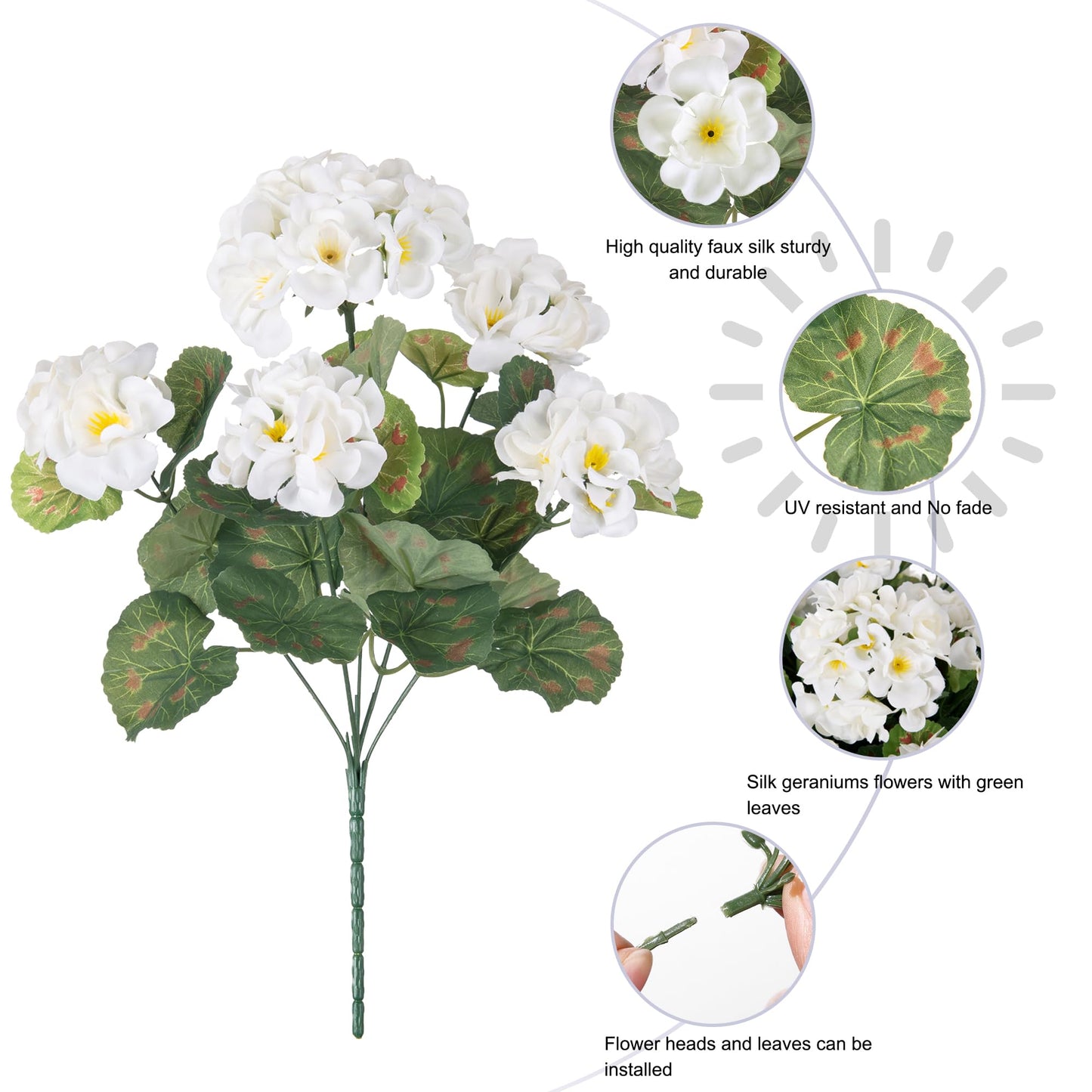 Fake Geraniums Artificial Flowers for Outdoors Outside, 6 Bundles White Silk Geraniums Fake Flowers Plants Realistic UV Resistant Faux Flowers for Outdoor Planters Garden Balcony Yard Porch Indoor