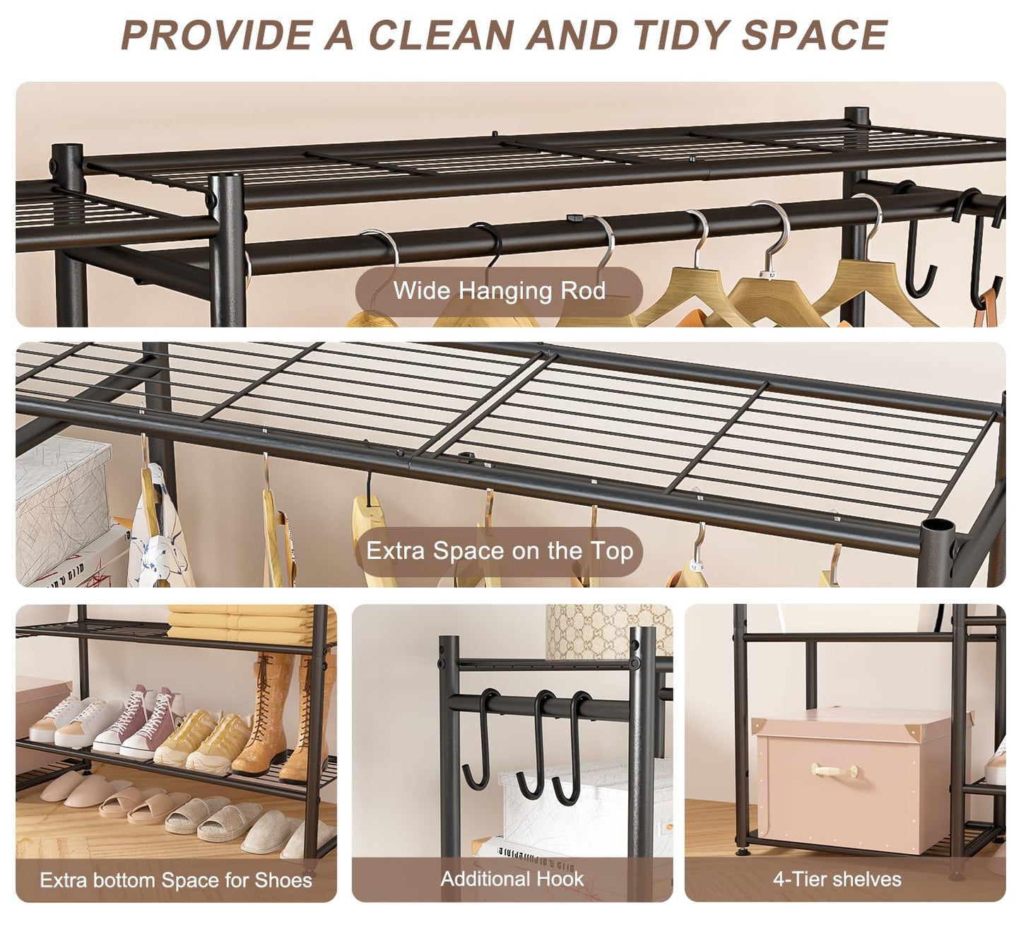 Neprock Wardrobe Closet, Portable Clothing Rack for Hanging Clothes, Free Standing Closet Organizers and Storage System with 4 Tiers Shelves for Cloakroom Bedroom, Black