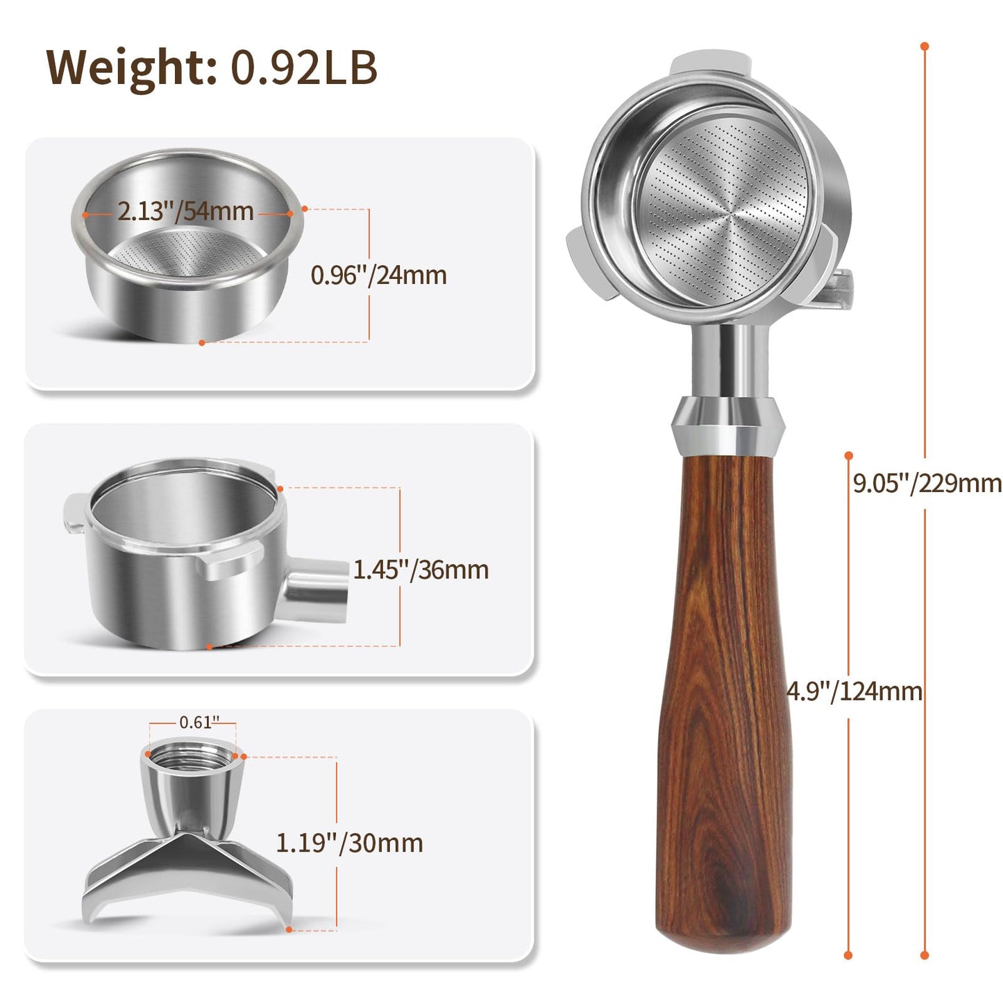 54mm Portafilter Compatible with Breville BES870/878/880/876 Series,Espresso Double Spouts Portafilter with 3 Ear & Stainless Steel Basket(Walnut)