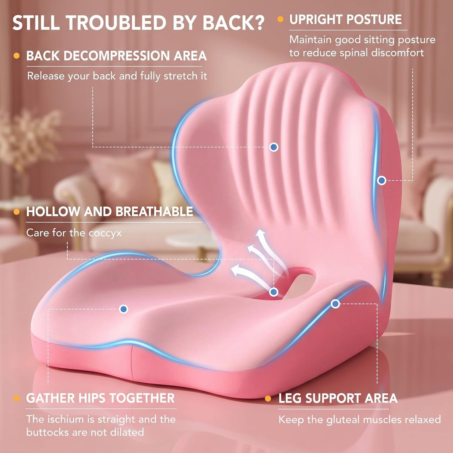 Ergonomic Office Chair Seat Cushion, L-Shaped Memory Foam Coccyx Cushion for Tailbone Pain Relief, Orthopedic Car Seat Cushion with Lumbar Support & Cutout Hollow for Sciatica & Back Pain (Pink)