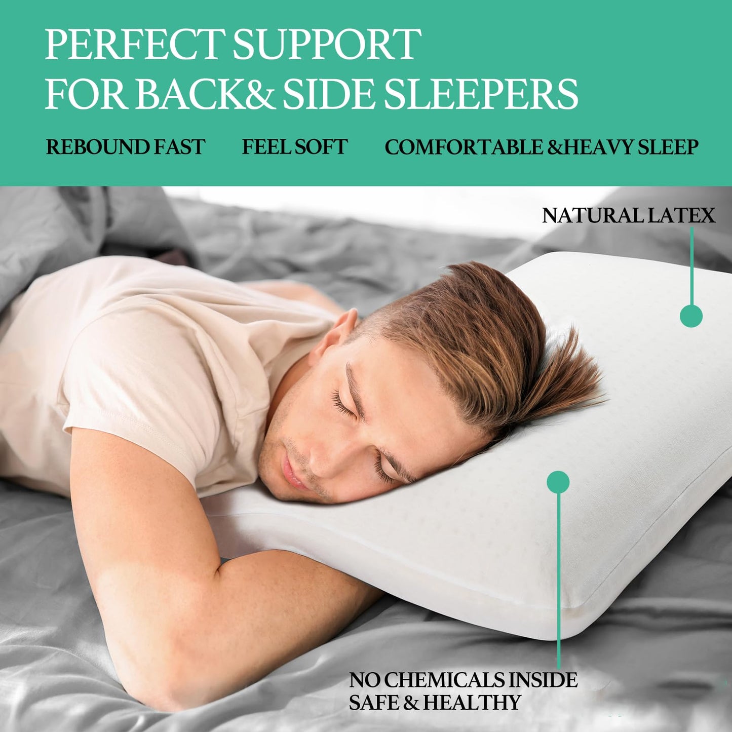 Gatnlair Latex Pillow, 100% Talalay Natural Latex Pillow, Soft Sleeping Bed Pillows with Cotton Cover, Queen Size, Perfect for Side/Back Pain, Stomach, Neck, Stress Relief (1, Queen (Mid Loft))