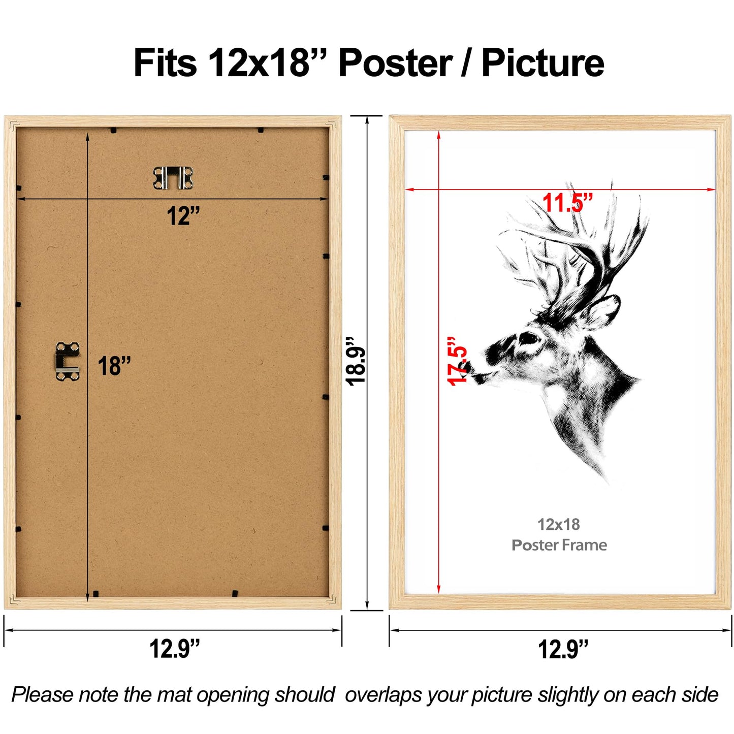 Yaetm 12x18 Frame Set of 4, Natural Solid Oak Wood Picture Frame 12 x 18 for Photos, Posters & Art Prints, Horizontal and Vertical Wall Mount (4 pack, Oak)