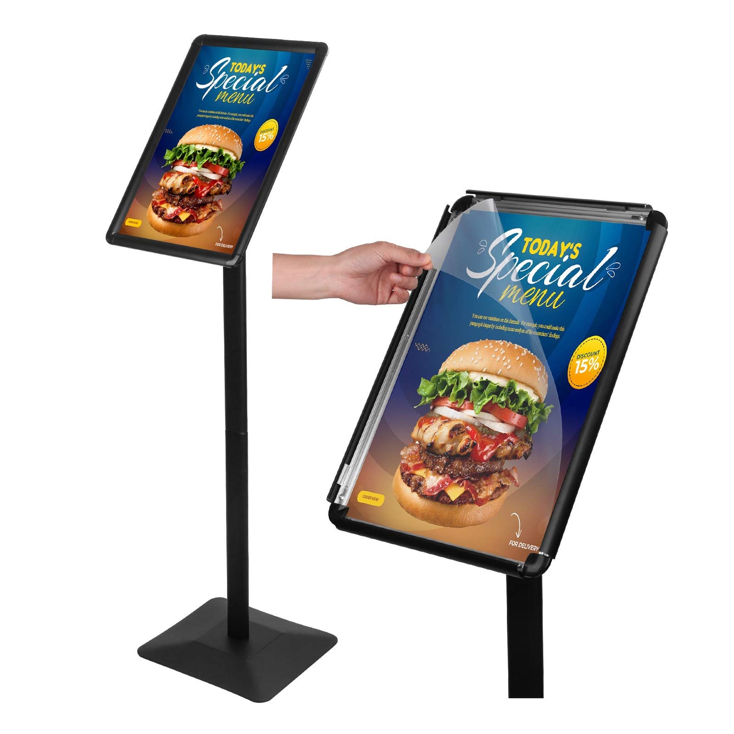 JUNJIAO Sign Stand Holder 8.5 x 11 Inch Poster Stand with Base Heavy Duty Pedestal Display Sign Stands Adjustable Floor Standing,Vertical and Horizontal Display for Indoor Outdoor, Black