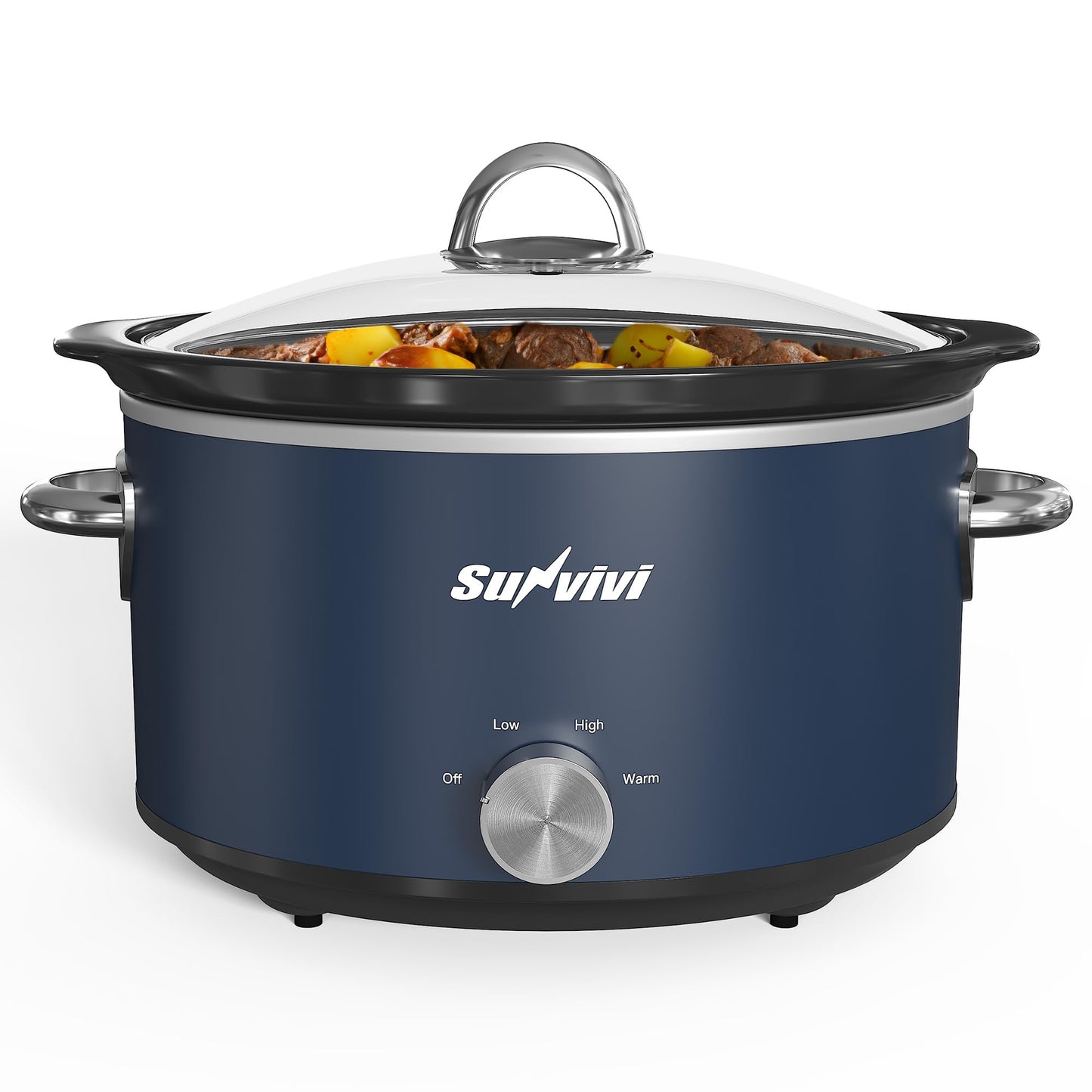 Sunvivi 4 Quart Slow Cooker & Mini Food Warmer with 3 Heating Settings, Removable Ceramic Pot, Dishwasher Safe Glass Lid, Stainless Steel, Blue
