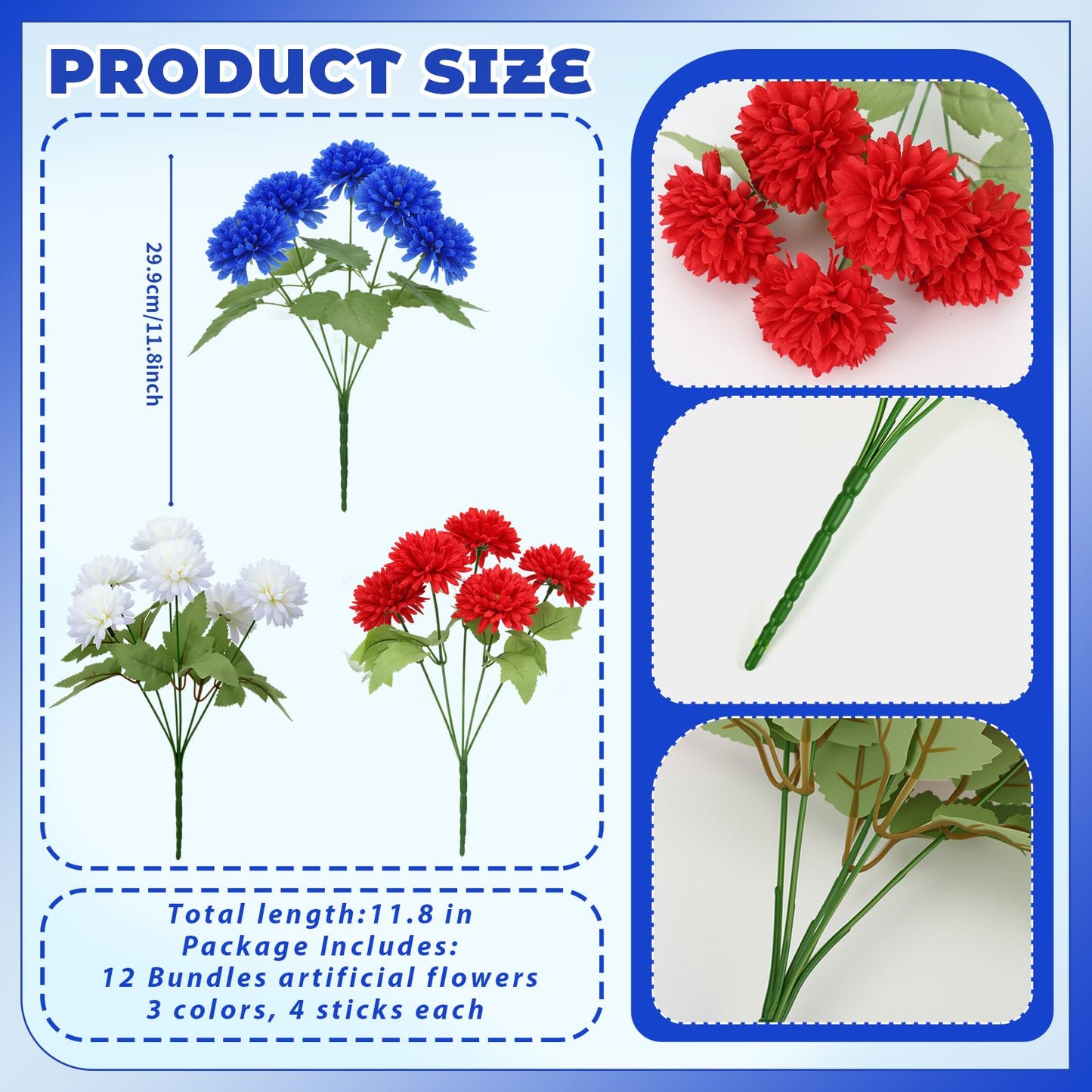 12 Bundles Red White Blue Artificial Flower for Outdoor UV Resistant 250th Anniversary Patriotic Outdoor Decoration Fake Chrysanthemum Flowers for July of 4th Independence Day National Day Party Decor