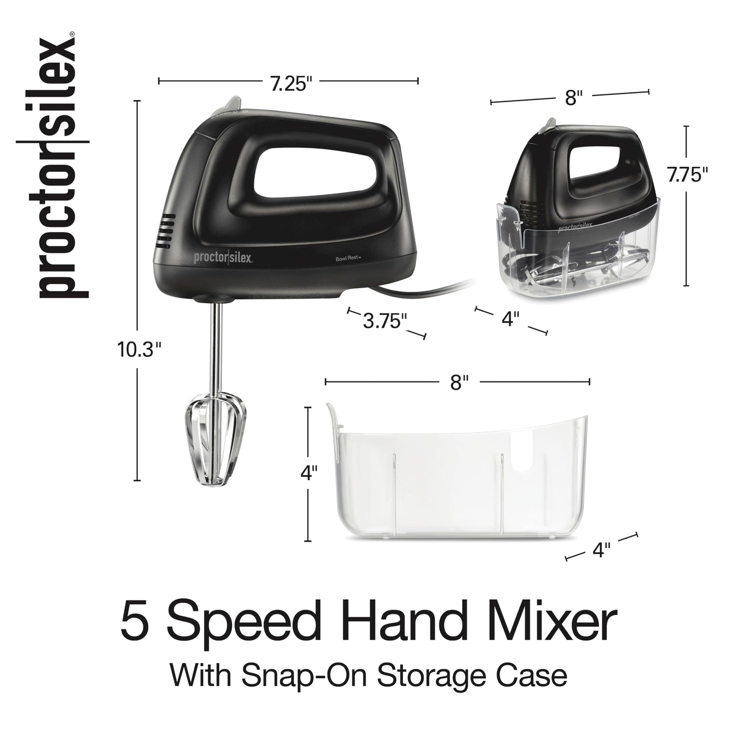 Proctor Silex Easy Mix 5-Speed Electric Hand Mixer with Bowl Rest, Compact and Lightweight, 215 Watts of Peak Power, Storage Case, Black (62512)