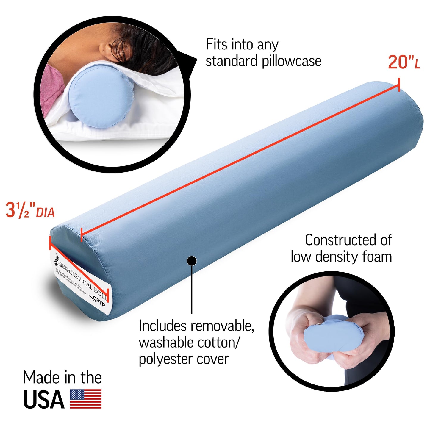 OPTP The Original McKenzie Cervical Roll, 20" Neck Support Pillow to Relieve Neck and Back Pain - Round Pillow for Improved Sleeping Support and Cervical Pain Relief - Made in The USA