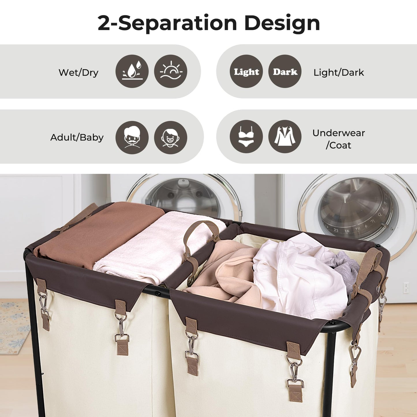 StorageWorks 280L Large Laundry Hamper with Wheels, Laundry Basket with Wheels 2 Sections, Clothes Sorter Cart with Divider for Hotel, Home, Beige, 1-Pack