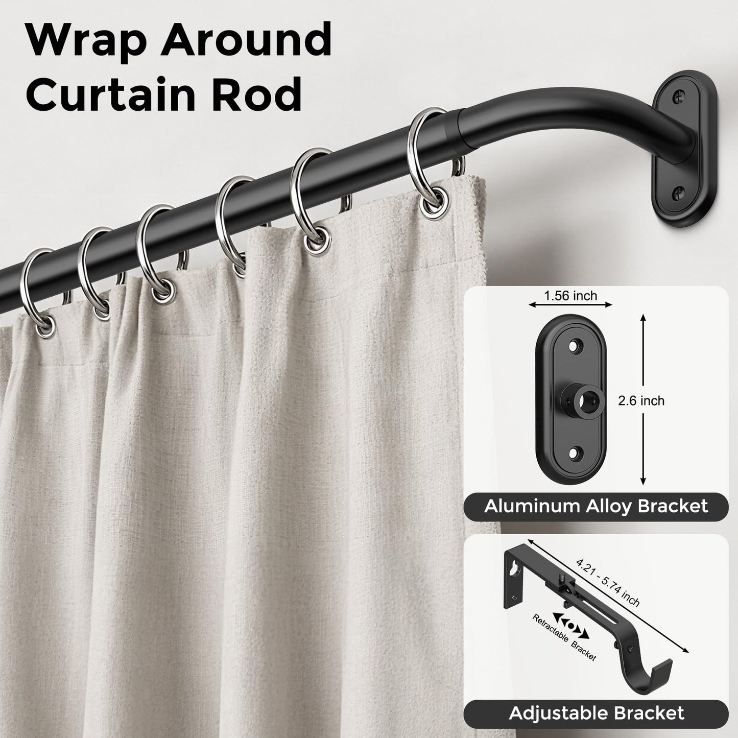 Wolistsa 2 Pack Curtain Rods 36-88 Inch, Black Wrap Around Blackout Curtain Rods for Windows, 1 Inch Adjustable Heavy Duty Room Darkening Window Treatment Rod for Bedroom, Living Room, Sliding Door