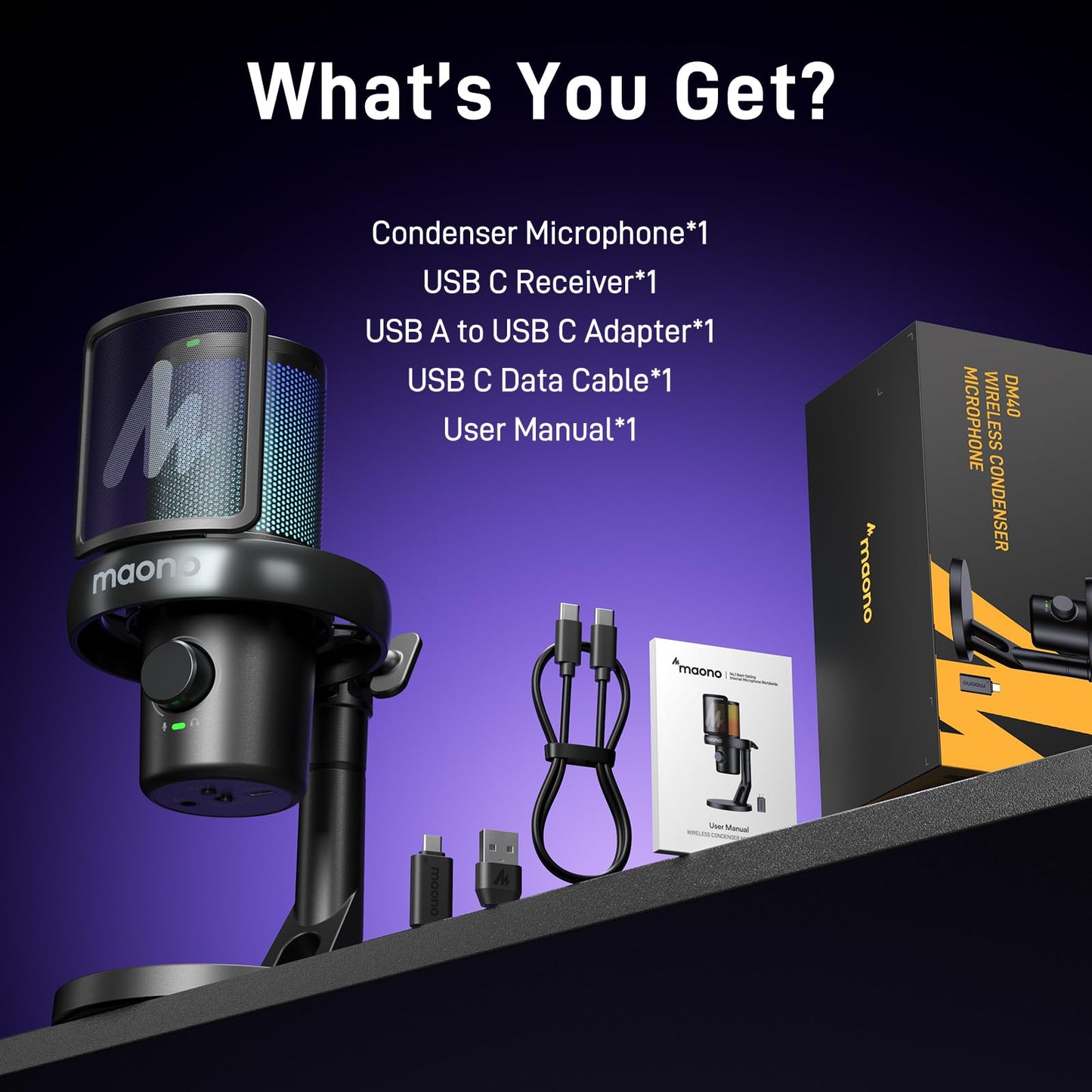 MAONO Wireless Gaming Microphone for PC, Condenser USB Mic with Software AI Voice Change,3-Level Noise Cancellation,Custom RGB, for Streaming Recording Podcast PS5 PS4 Twitch YouTube (DM40 Pro-Black)