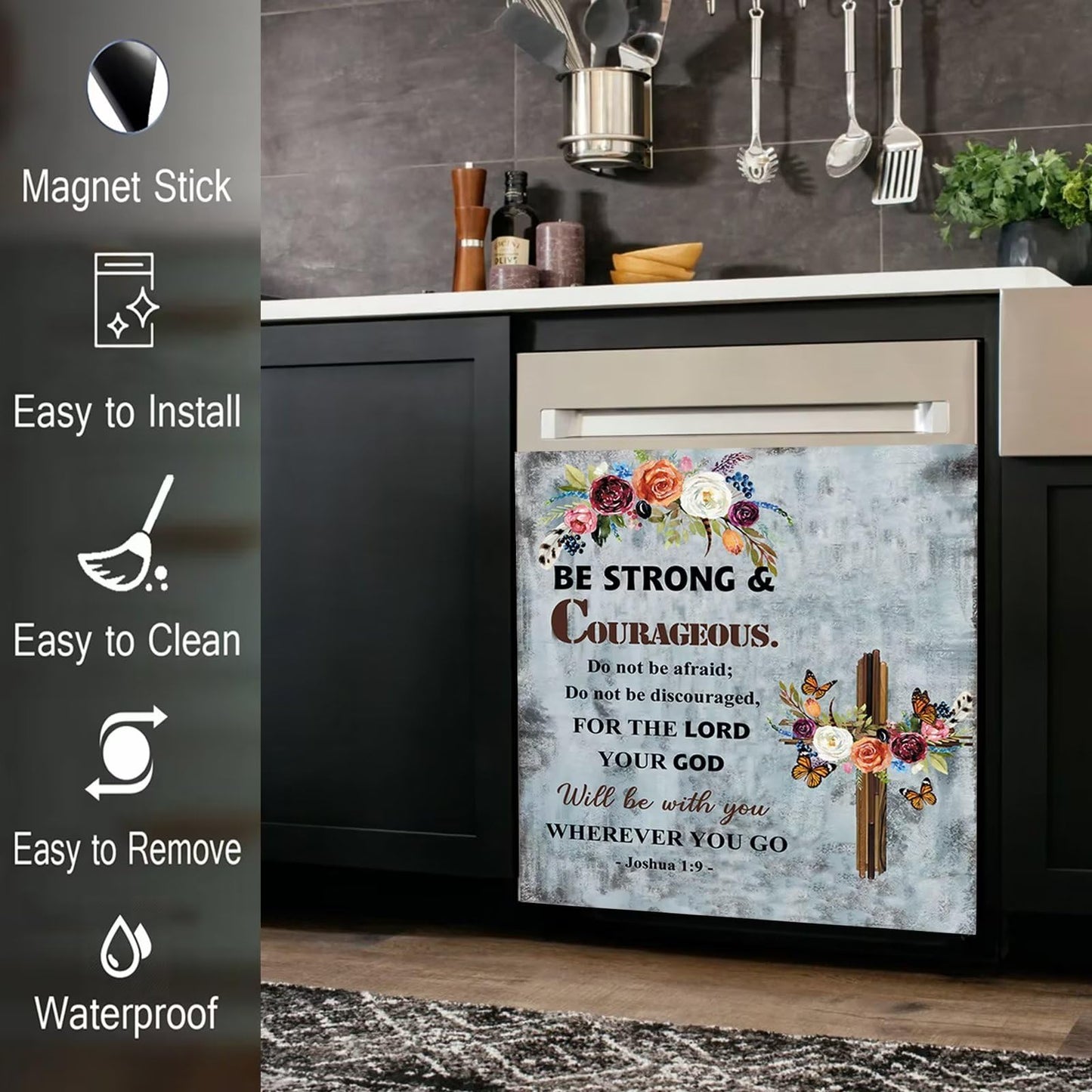 Religious Quote Dishwasher Magnet Cover,Joshua 1:9 Dishwasher Cover for Front,Rustic Country Style Magnetic Decal,Cross Fridge Magnets Decorations,Christian Gifts for Women,23"x26"