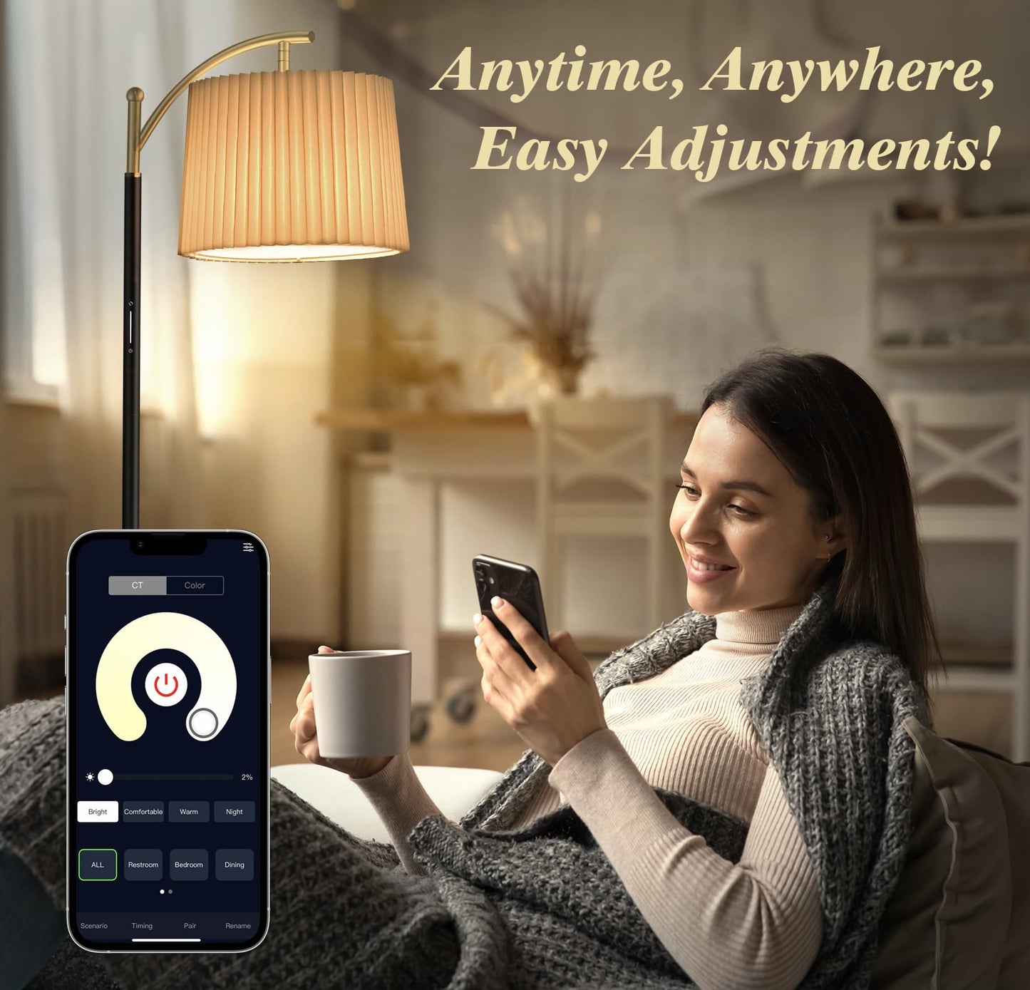Etto Modern Dimmable Floor Lamp with Fabric & Pleated Shades, Remote & Touch Control, Adjustable Brightness & Color Temperatures, Tall Standing Lamp for Living Room Bedroom Office (Black Gold)