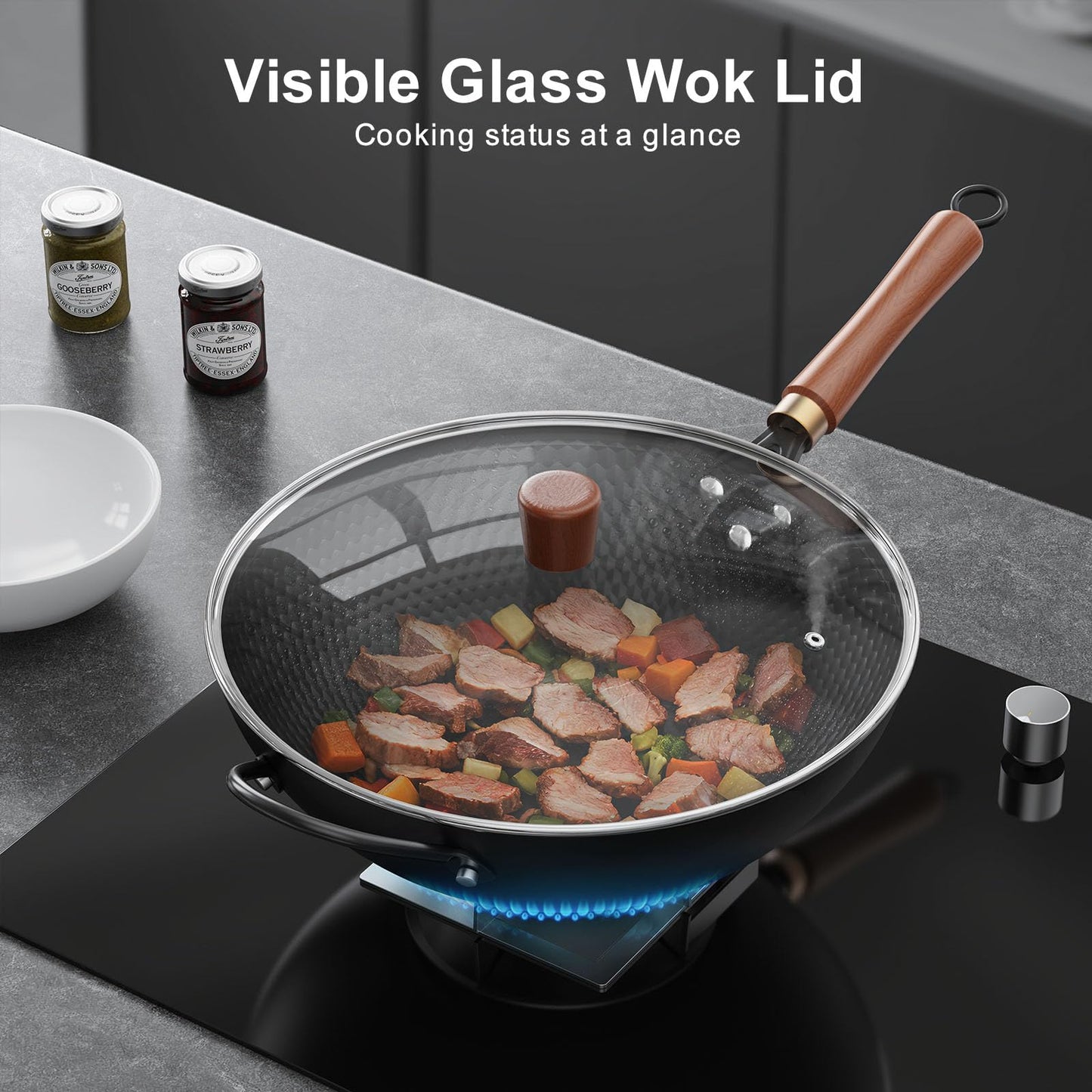 Todlabe 13-Inch Carbon Steel Wok Pan with Glass Lid, Naturally Nonstick Pre-Seasoned Woks & Stir-Fry Pans, No Chemical Coating, Flat Bottom for Induction, Gas, Electric, Halogen & All Stoves