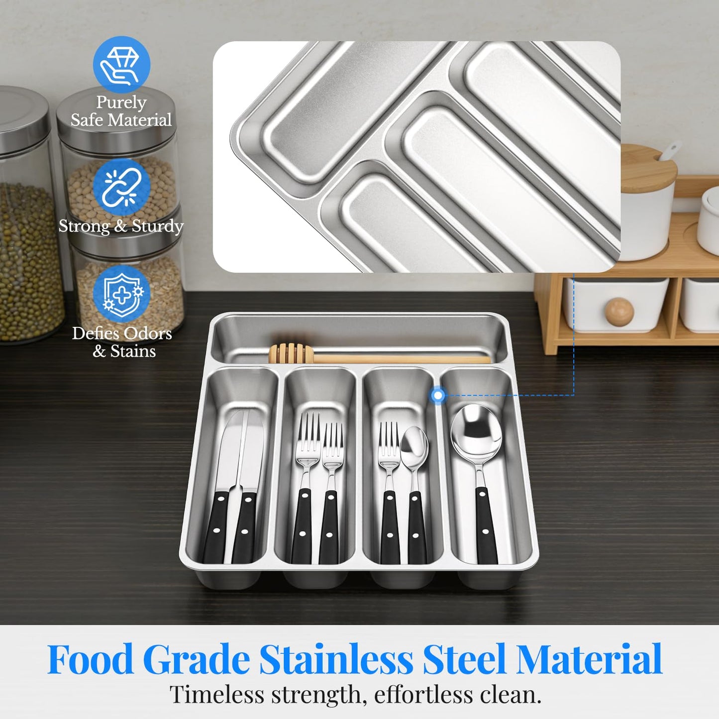 IKOCO Silverware Organizer Stainless Steel Utensil Drawer Organizer with 5 Compartments for Kitchen, Dishwasher Safe, Holds Spoons Forks Knives (13.8" x 11.4" x 1.6", Silver)
