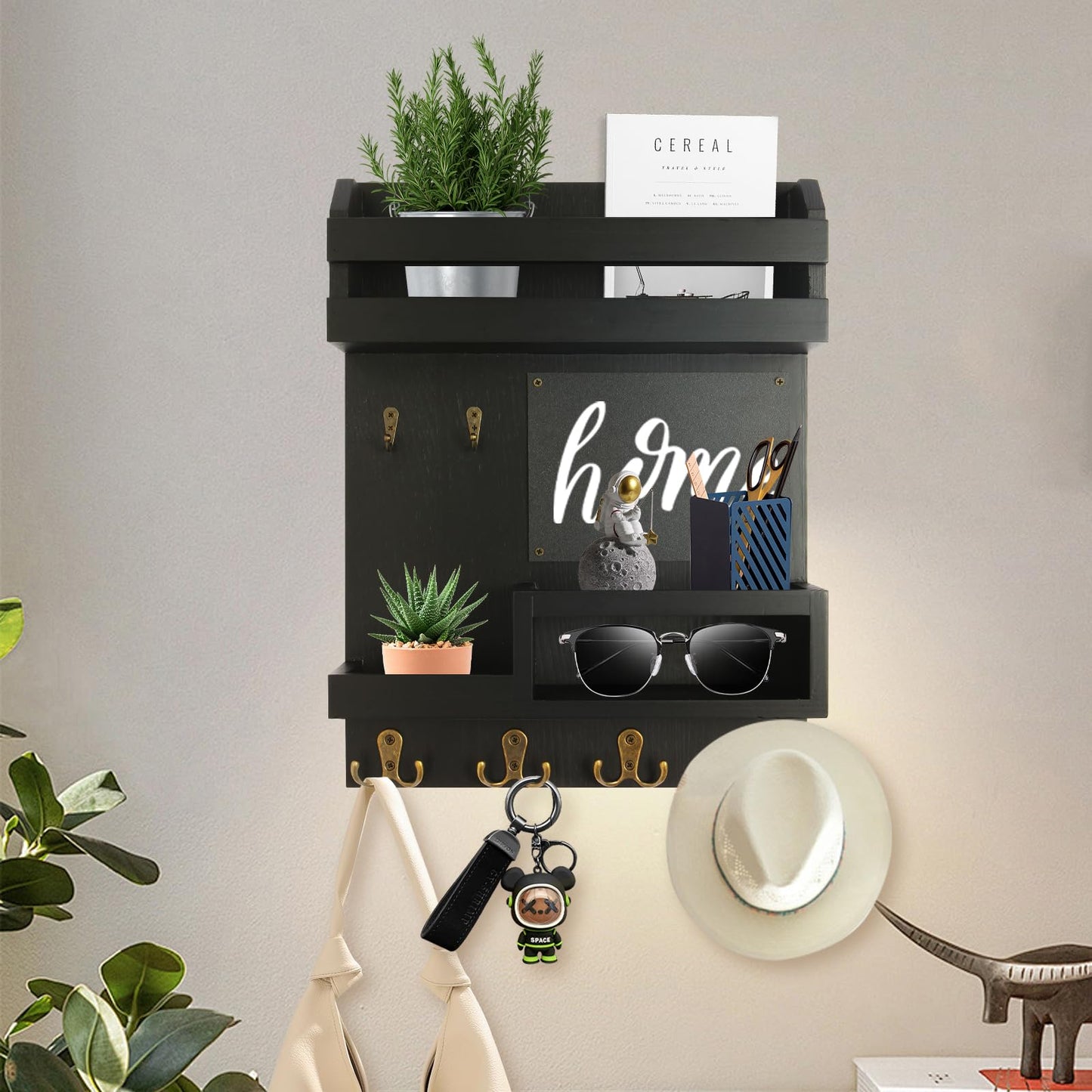 Eryvik Large Key and Mail Holder Wall Mount, 12.5x16.5 Inch Solid Wood Key Racks for Entryway, Front Door, Hallway, Wall Organizer (Matte Black)