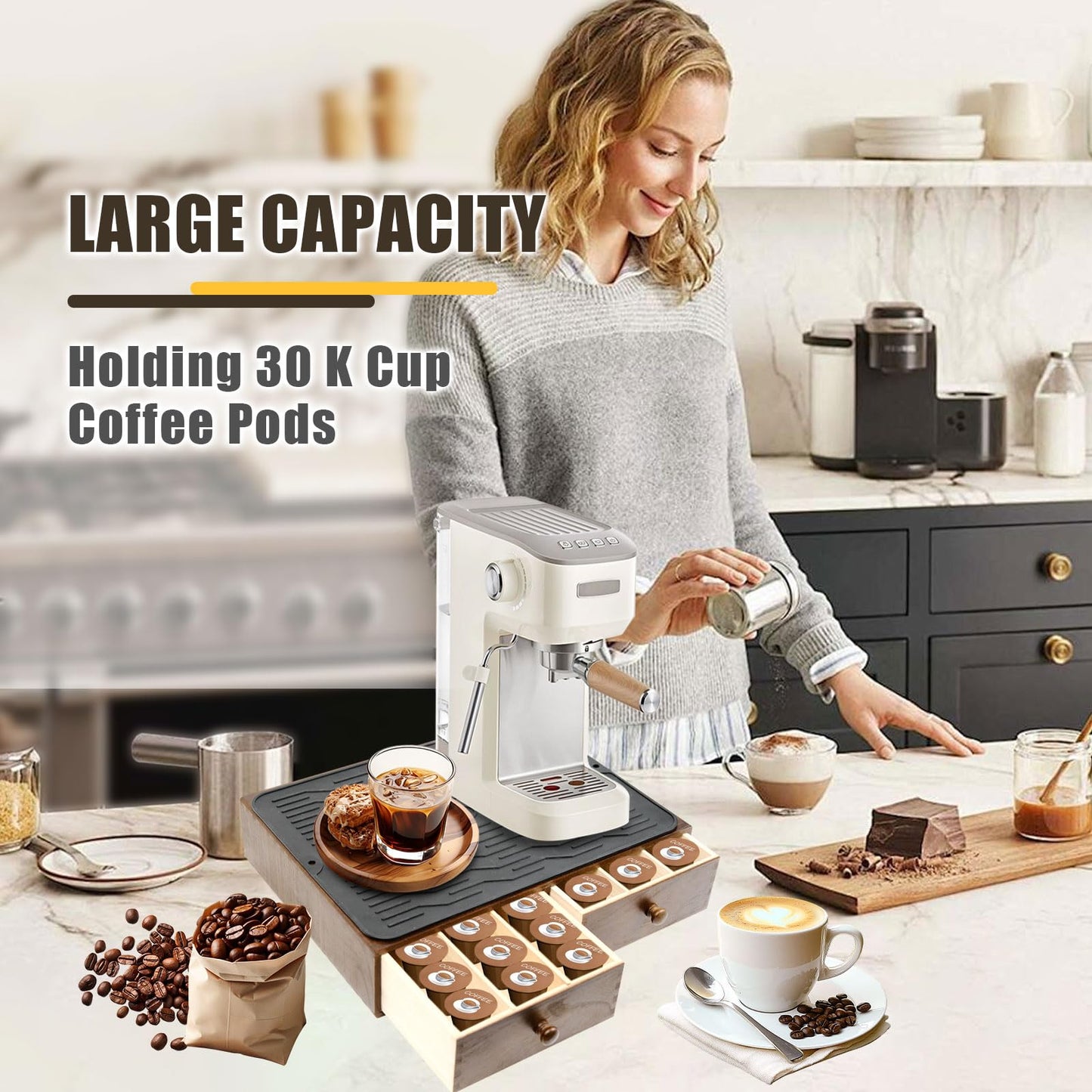 Lveesto Coffee Pod Holder Storage, Wooden K Cup Organizer for Countertop, K Cup Drawer and Tea Organizer for Counter, Coffee Station Organizer with Silicone Non-Slip Pad (30 Pod Capacity)