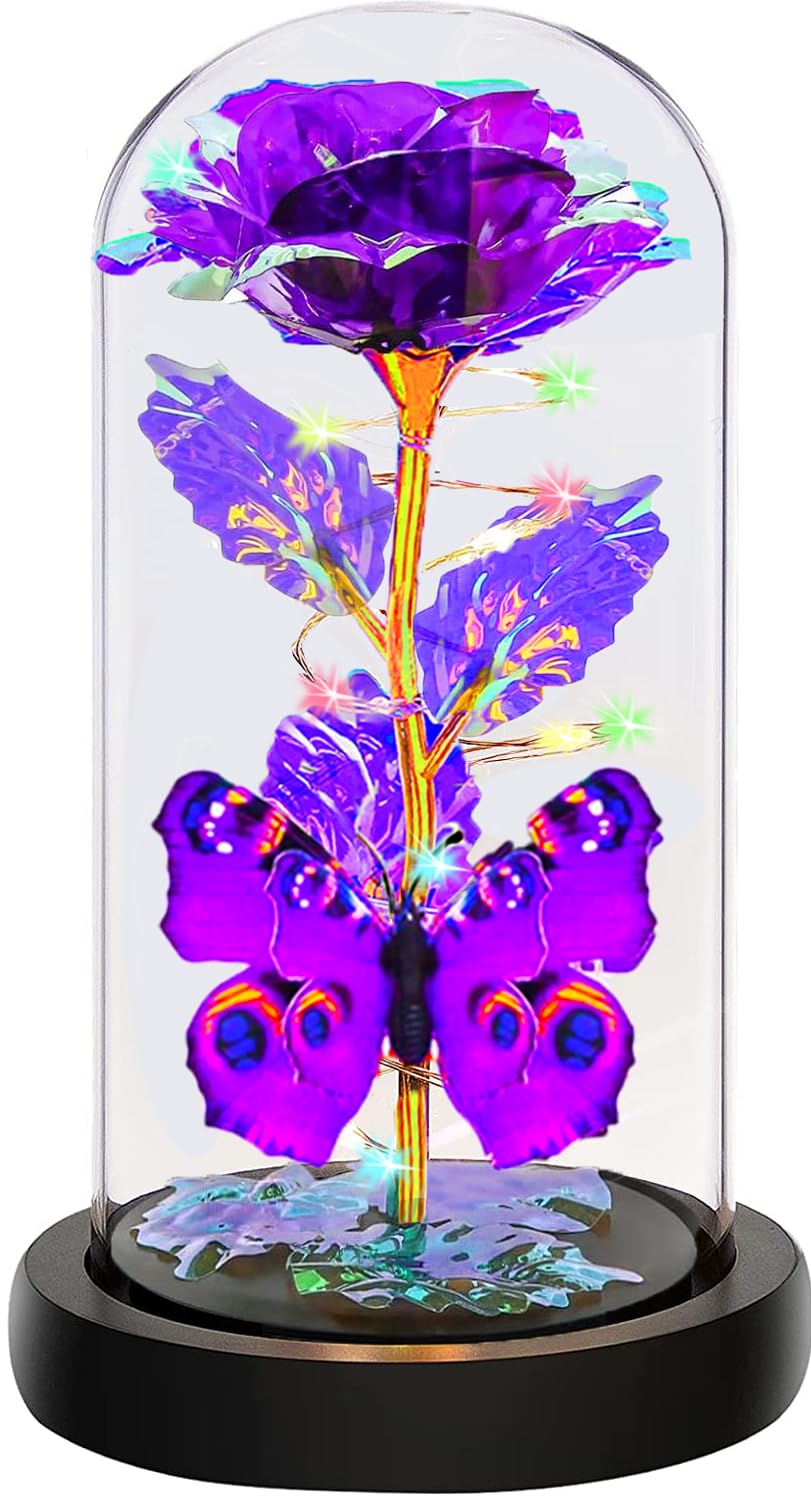 Rose Glass Flowers Gifts, Galaxy Crystal Light Up Rose Flower in A Glass Dome, Birthday Gifts for Women Mom Sister Wife Her Girlfriend Grandma Mothers Valentines Day Roses Presents, Purple Butterfly
