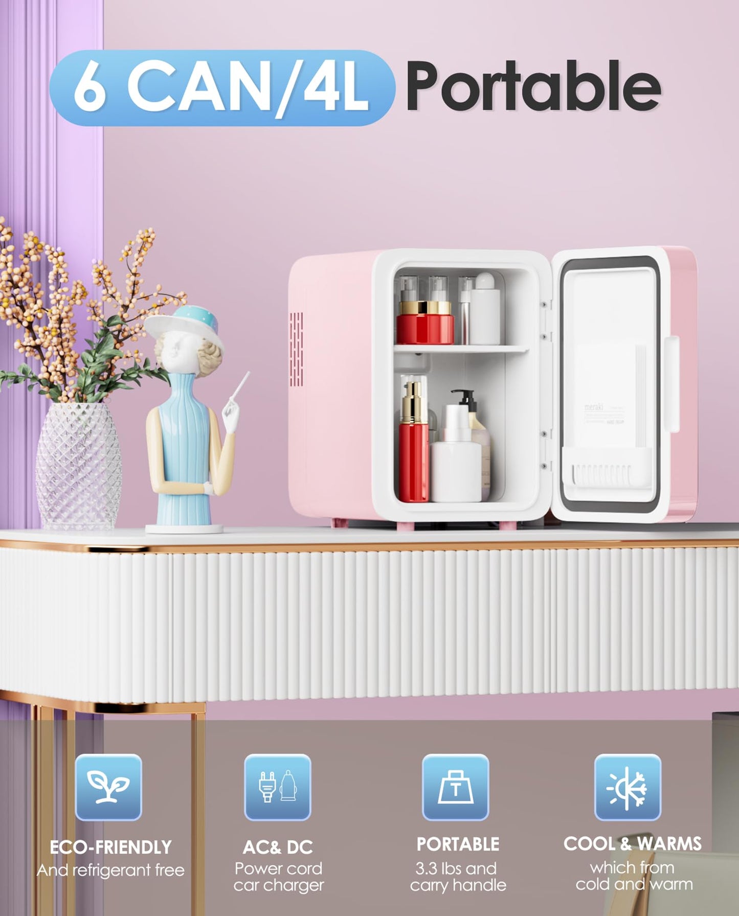 CUTIEWORLD Skincare Fridge with Dimmable LED Light Mirror, 4L Mini Fridge For Desktop, Travel or Cool & Heat, Makeup Fridge for Cosmetics, Skin Care and Food, Pink