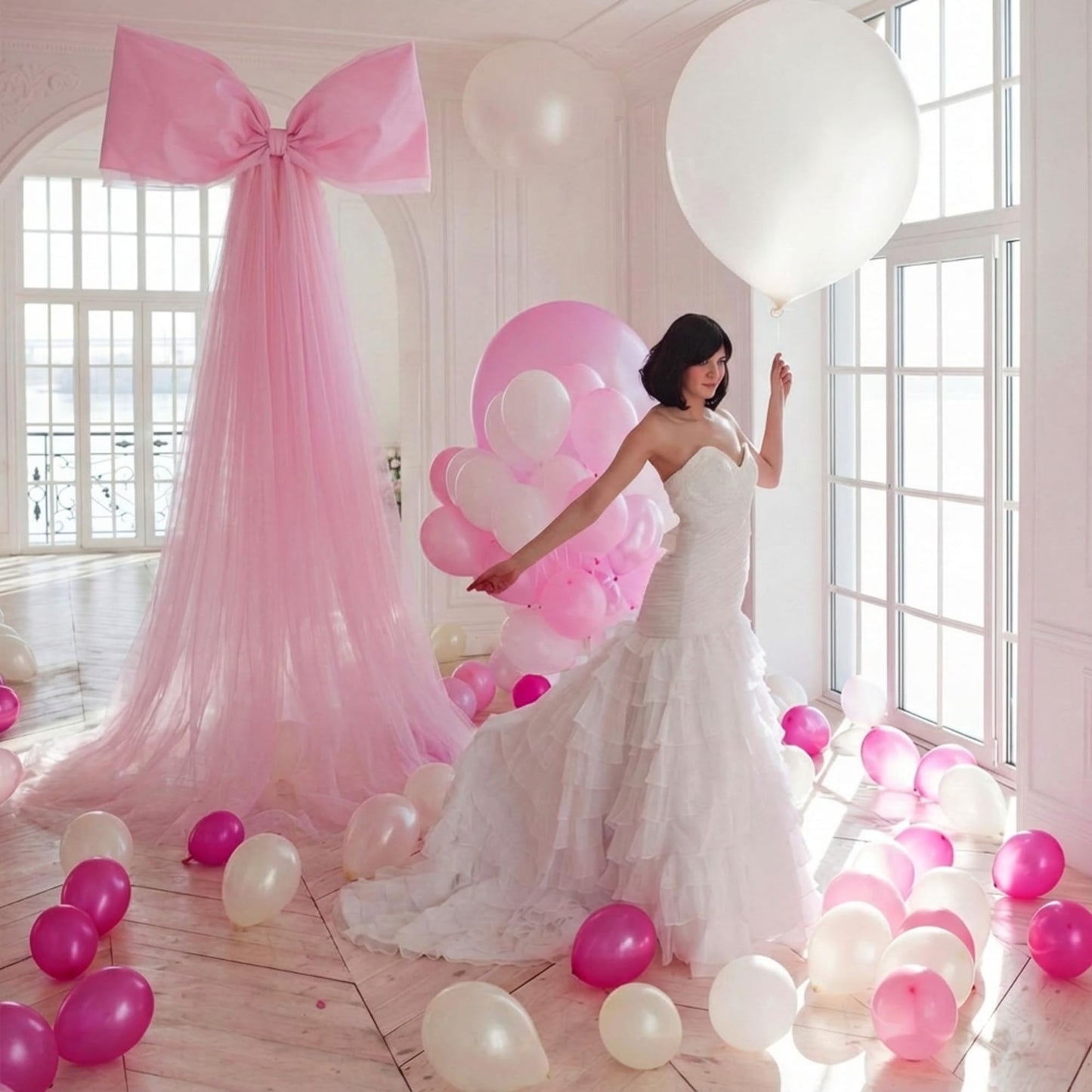 Canlierr Extra Large Pink Organza Bow Decorations 39 x 59 Inch Giant Pink Tulle Bow with Tie and Long Ribbon Tails for Wedding Valentines Party Backdrop Coquette Room Wall Decoration